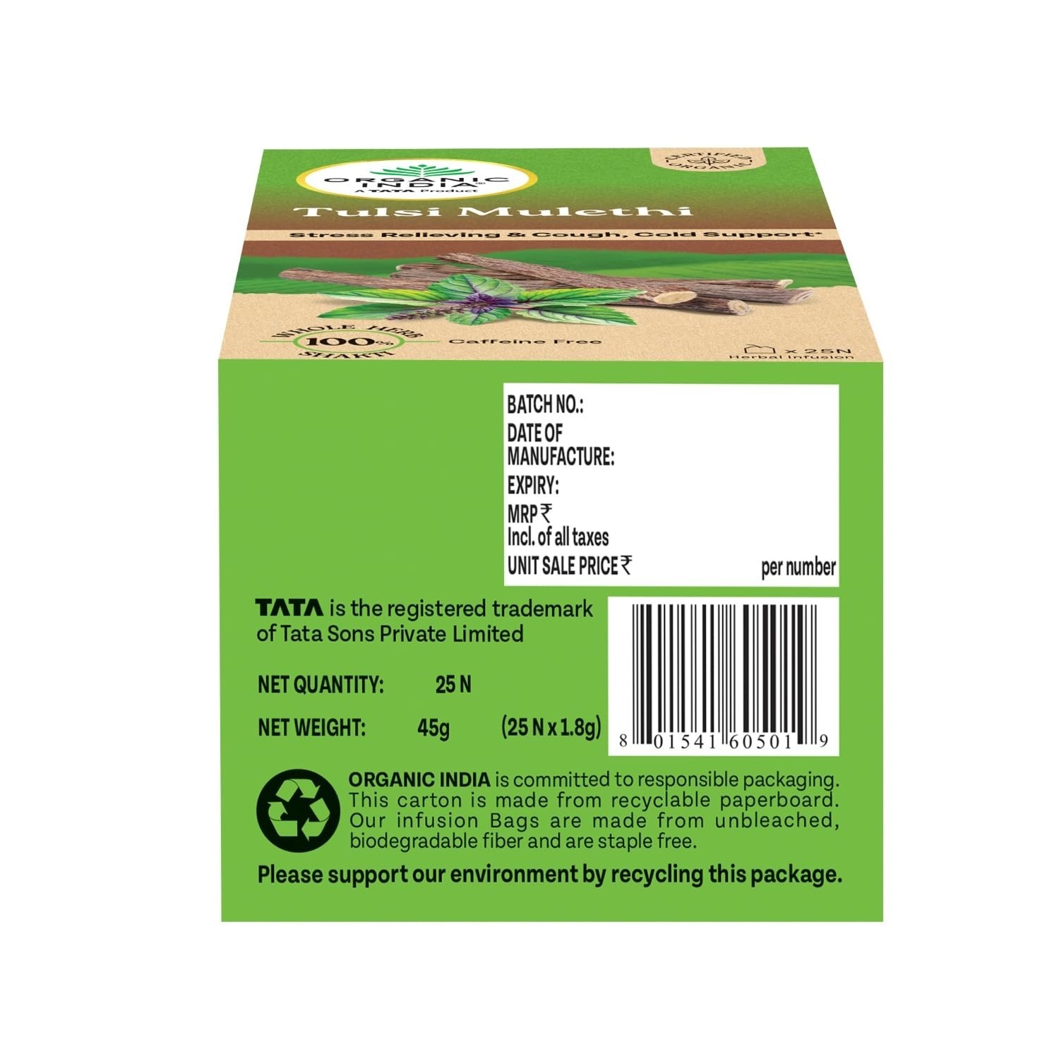 Tata Organic India Tulsi Mulethi 25 Tea Bags Herbal Immunity Tea
