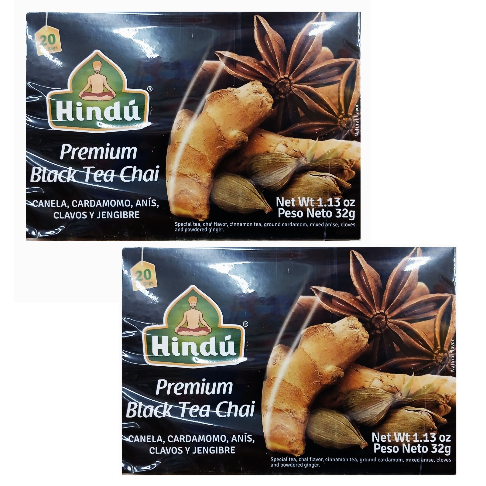 Hindu Black Tea Chai -Cinnamon-Anise-Cardamon-Clove-Ginger- 20 Bags (Pack of 2)