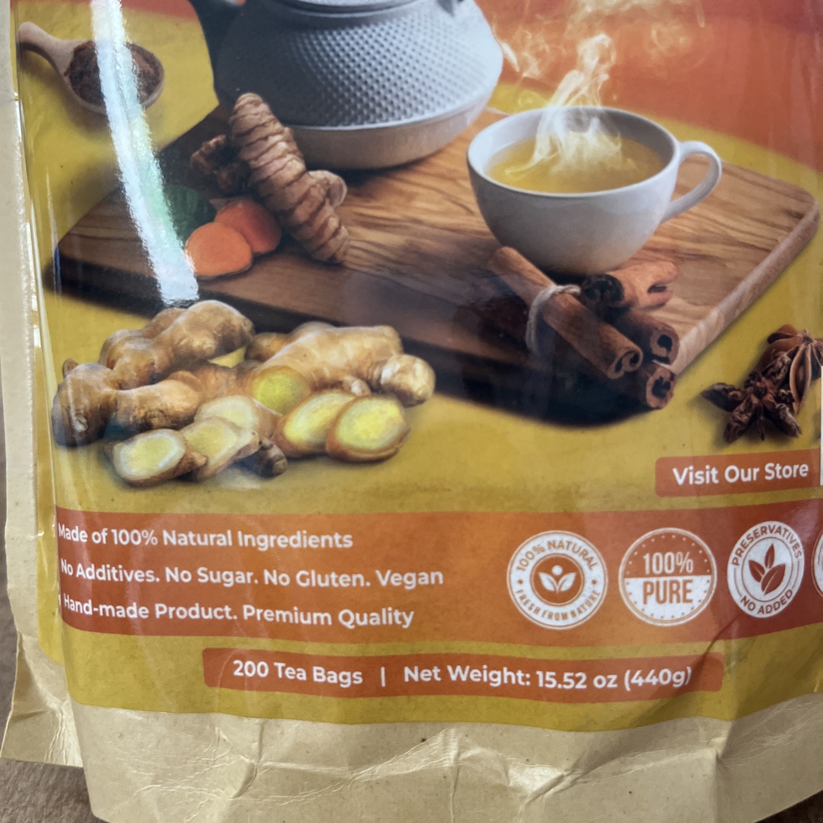 Premium 200 Turmeric Ginger Cinnamon Natural Tea Bags Pure No Additive Added