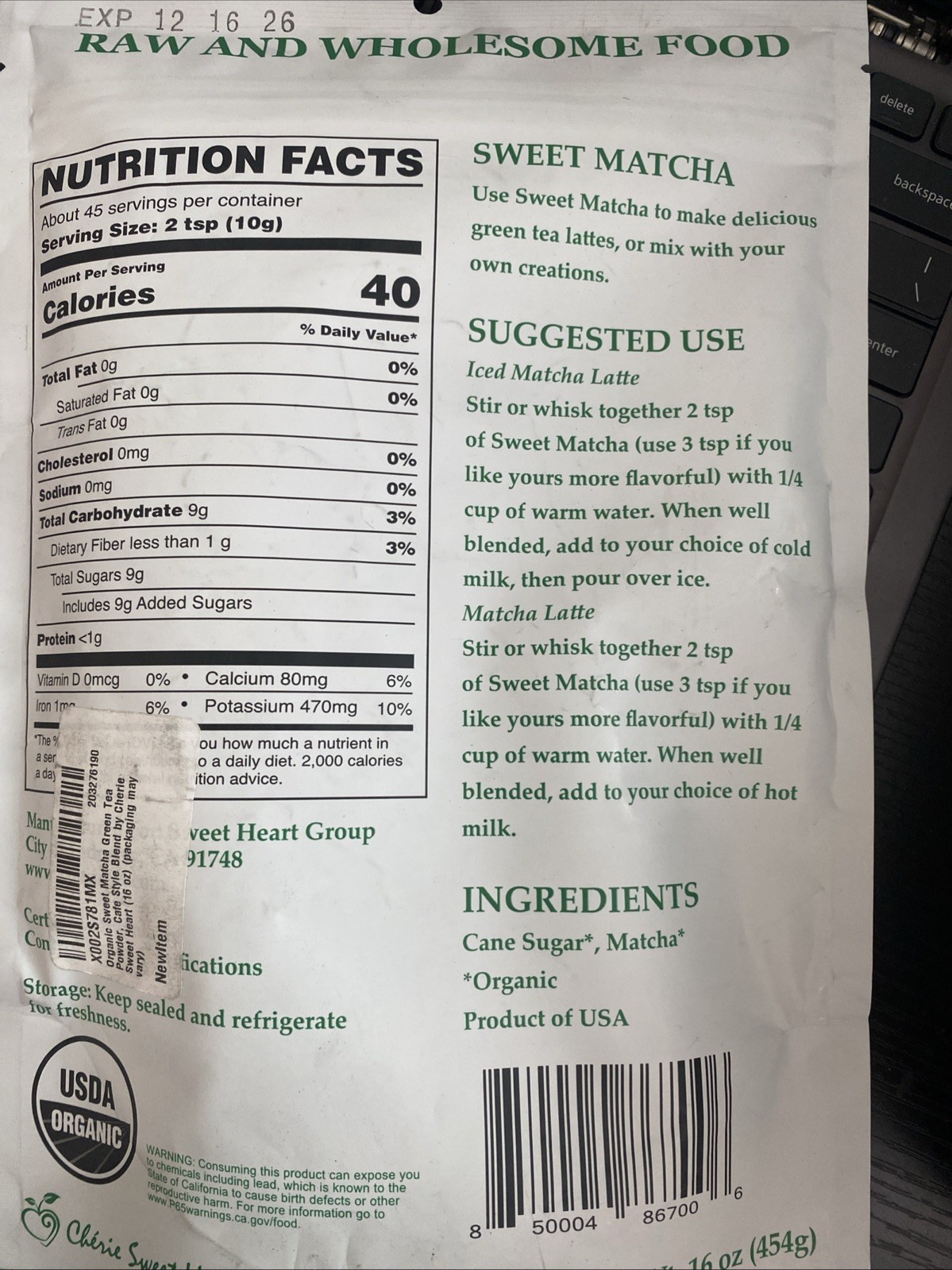 Cherie Sweet heart Organic Sweet Matcha Green Tea Powder – 16 oz