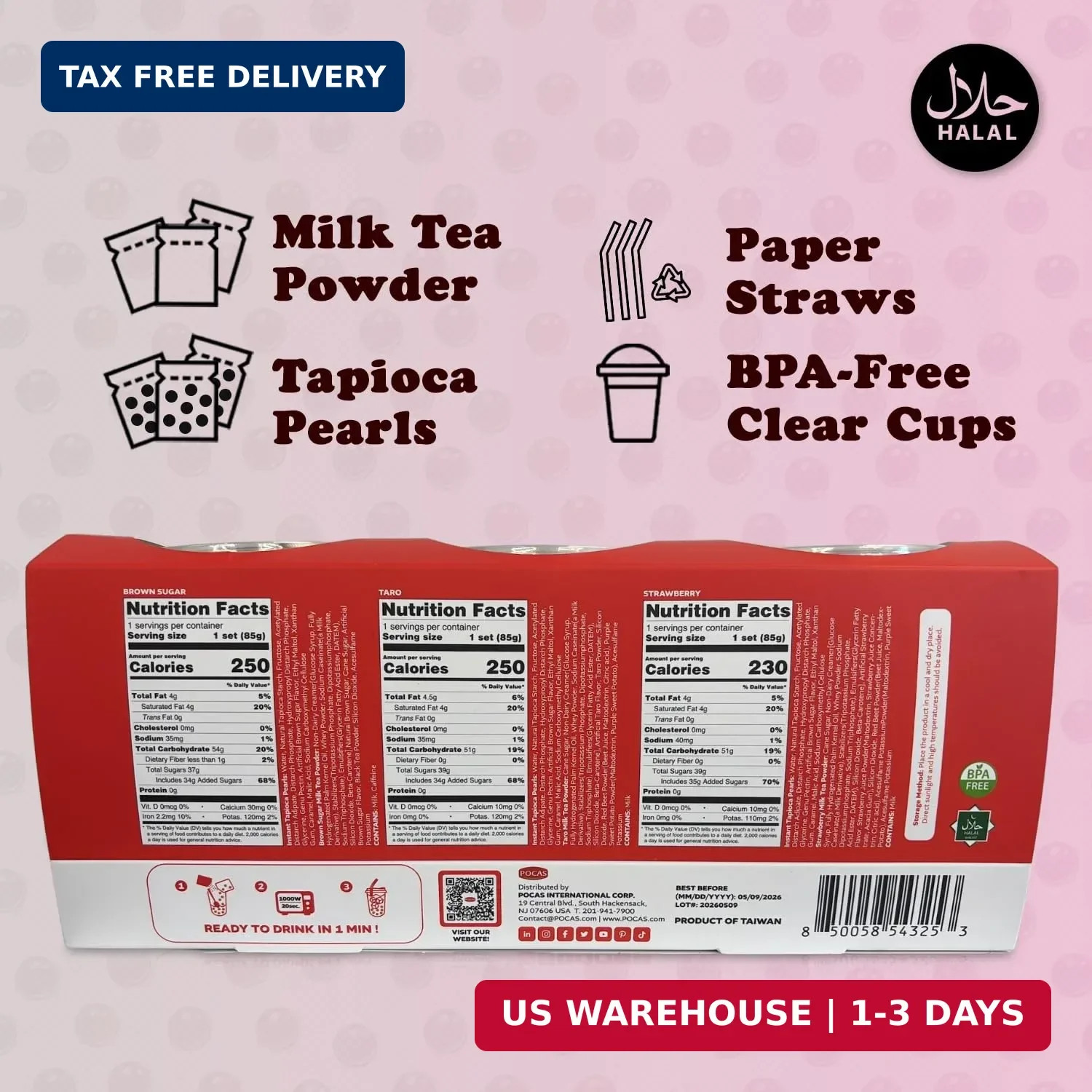 Pocas Bubble Tea Kit, Variety 6-Pack Party Set – Strawberry, Taro, and Brown Sug