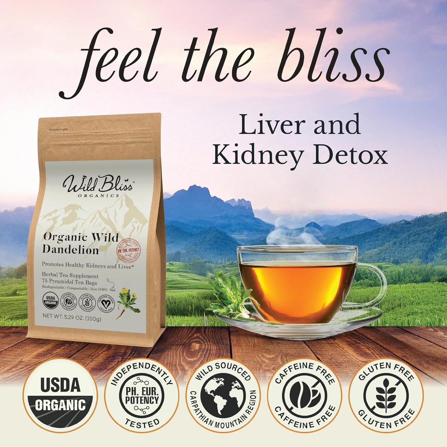 Wild Bliss Organic Dandelion Root Tea, Caffeine-Free, 75 Bags