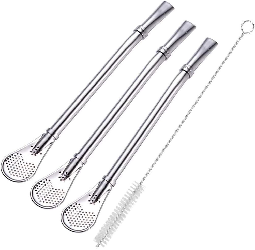 3 Pcs Stainless Steel Straw Filter Spoon Yerba Mate Bombilla Straws with Brush