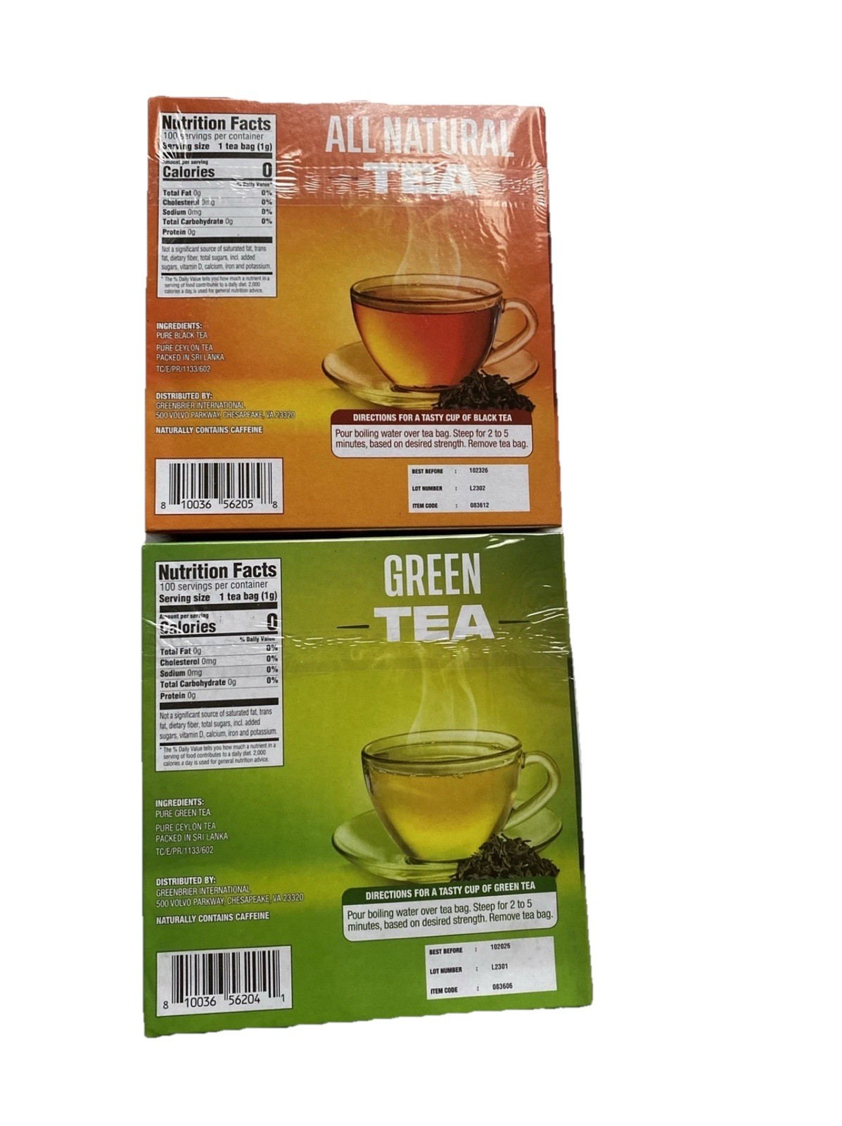 Lot Of 2 Black & Green Tea Variety Pack 100 count Each Tag String 0 Calories
