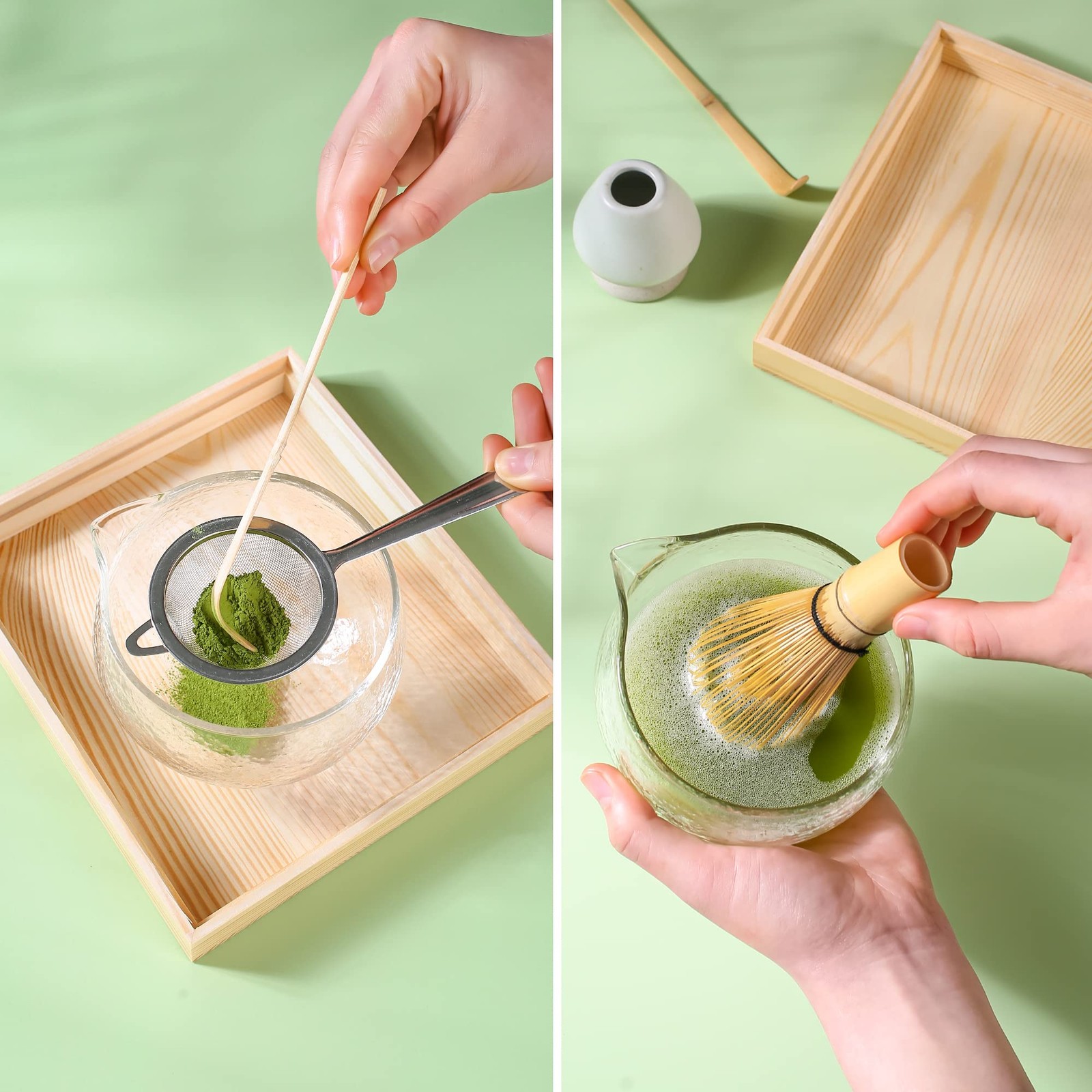 Bamboo Matcha Set – 13.5oz Glass Bowl, 100 Prong Whisk, Scoop – Travel Kit
