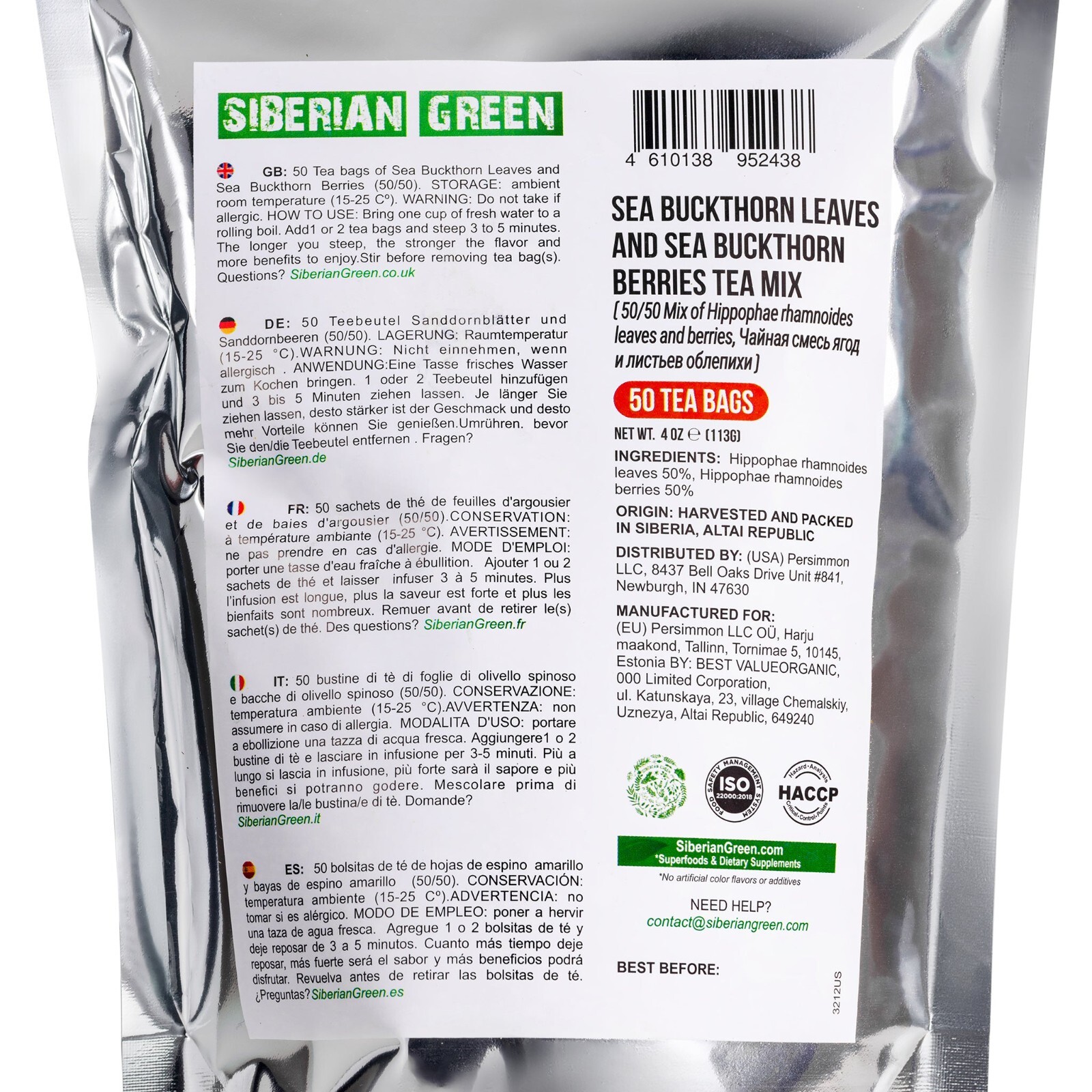 Sea Buckthorn Berry & Leaf Tea – 50-Pack Caffeine-Free Herbal Tea