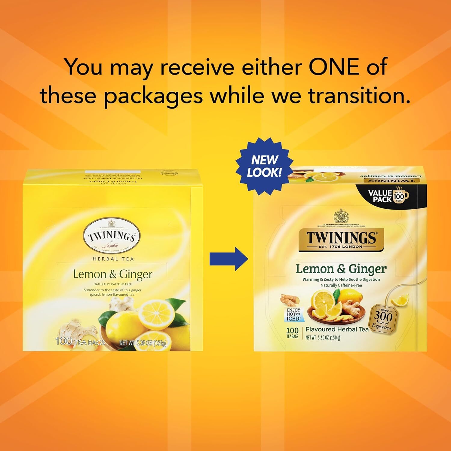 Twinings Lemon & Ginger Herbal Tea 100 Bags Caffeine-Free Hot or Iced Drink