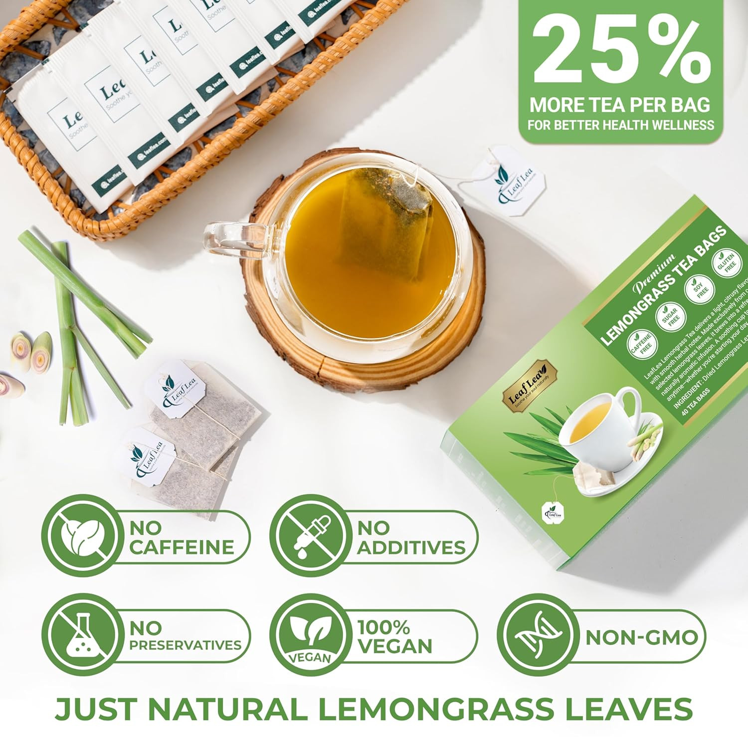 80 Premium Lemongrass Tea Bags, Natural Herbal Lemongrass Leaves, Te De Limoncil