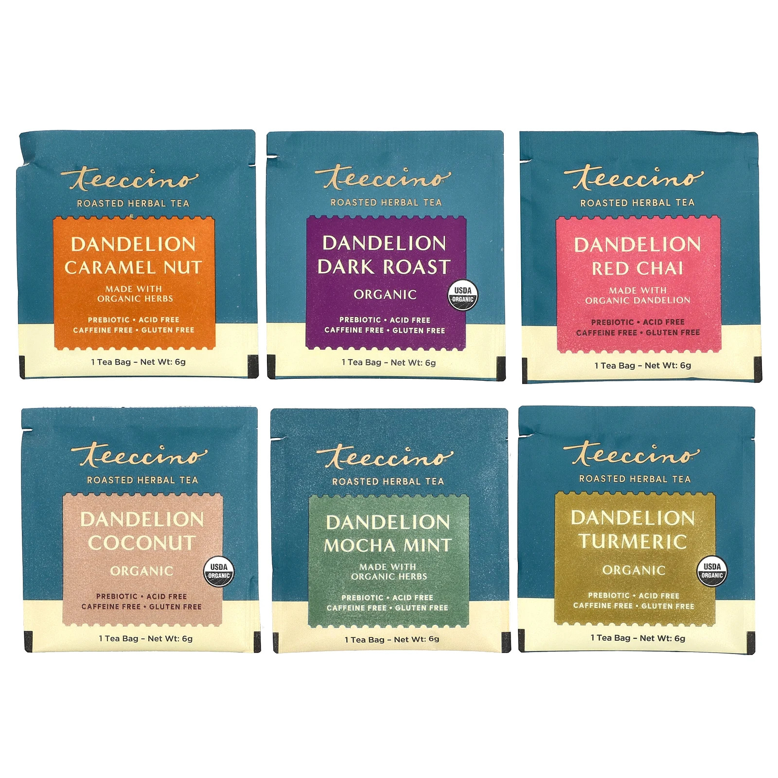 Dandelion Herbal Tea Sampler, 6 Flavors, Caffeine Free, 12 Tea Bags, 2.54 oz (72