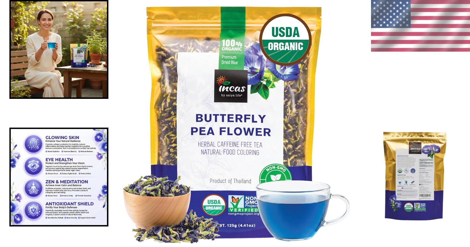 INCAS Organic Butterfly Pea Flower 4.41 oz – Caffeine-Free, , Antioxidant
