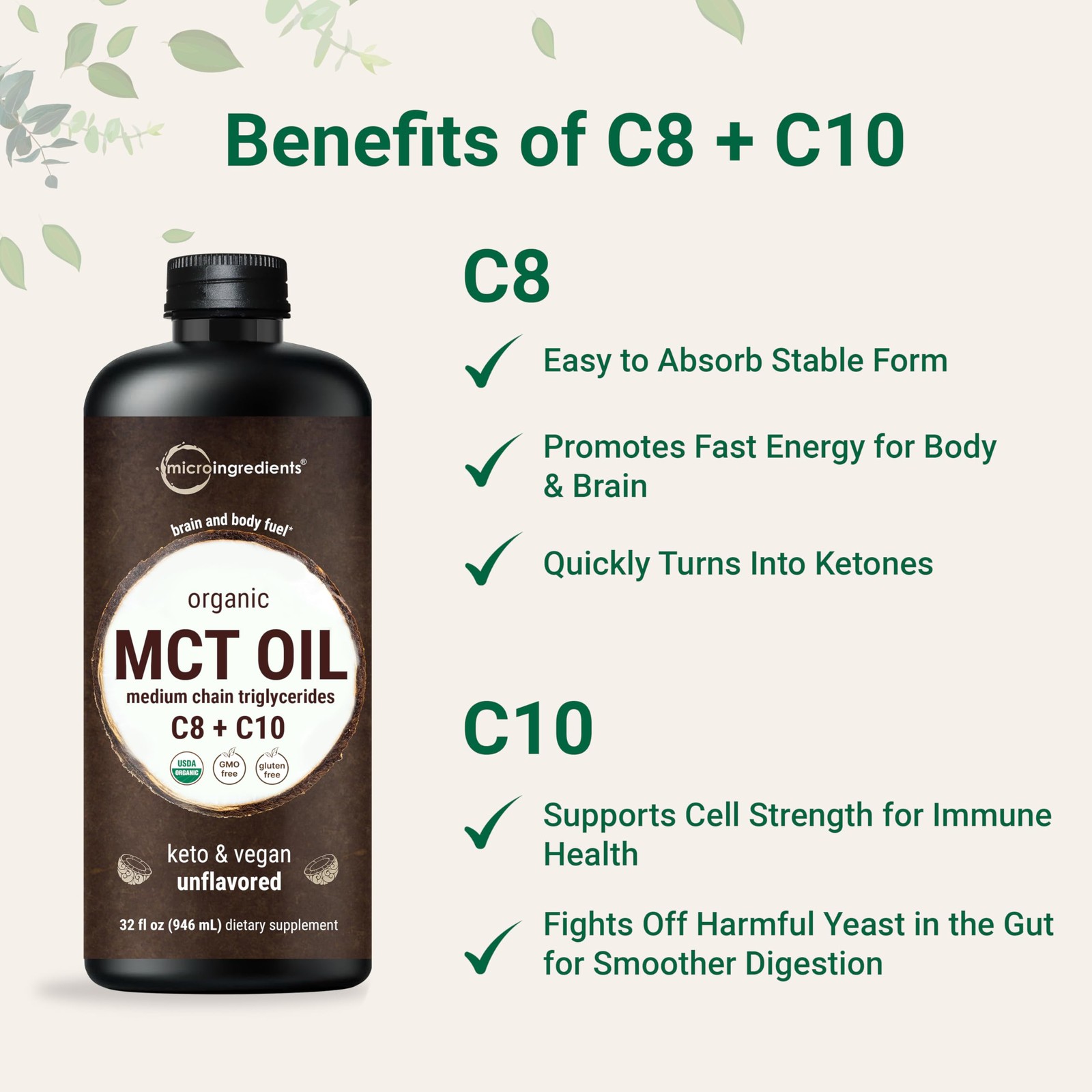 MCT Oil Organic, 32 fl oz |100% Virgin Coconut with C8 + 32 Fl Oz (Pack of 1)