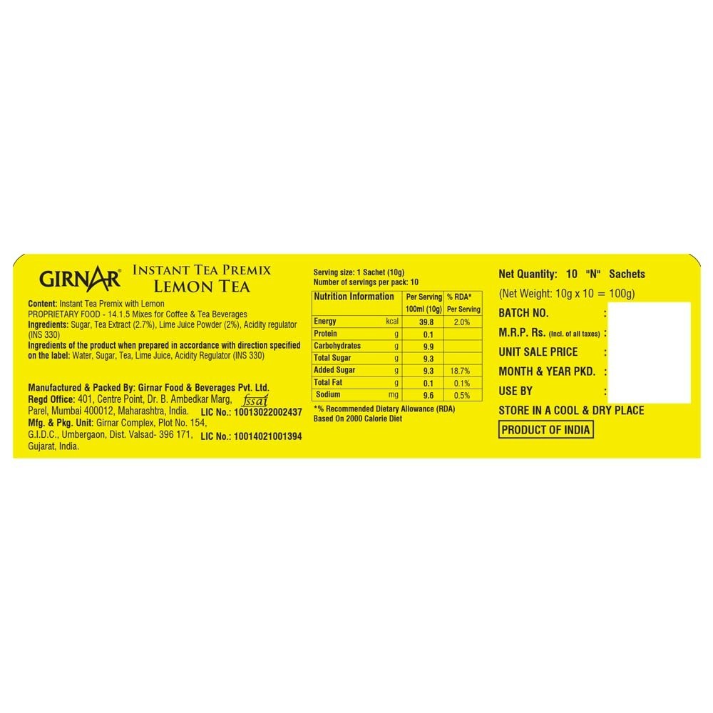 Girnar Instant Premix Lemon Black Tea Granules(10 Sachets), 10 Grams