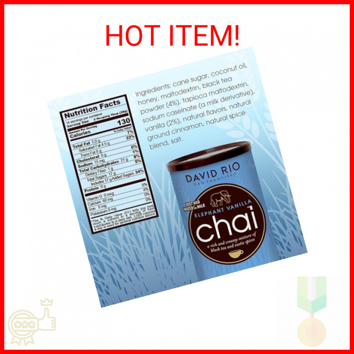 Elephant Vanilla Chai Tea Latte Mix, 14 Oz, Black Tea, Organic Spices, Dairy Fre