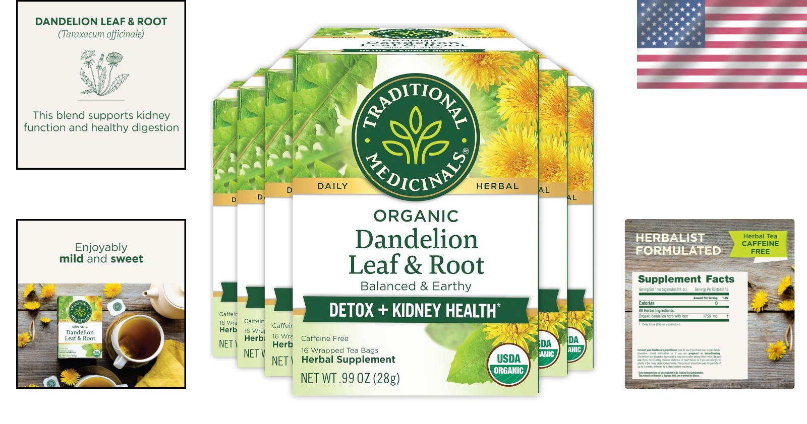 Caffeine Free Organic Dandelion Tea – 96 Tea Bags for Vital Kidney Function