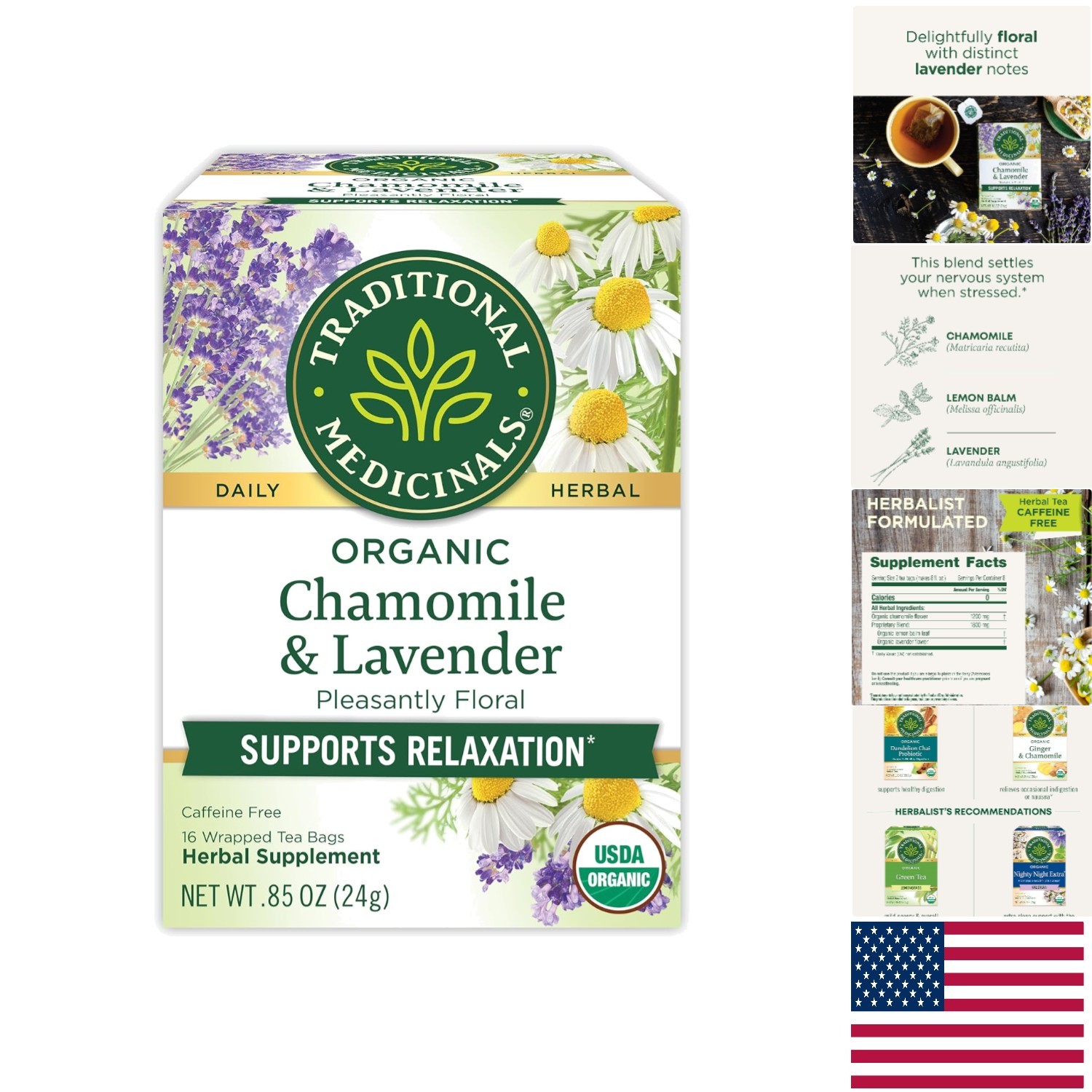 Calming Chamomile Lavender Tea Bags – Caffeine-Free, 16 Count for Relaxation