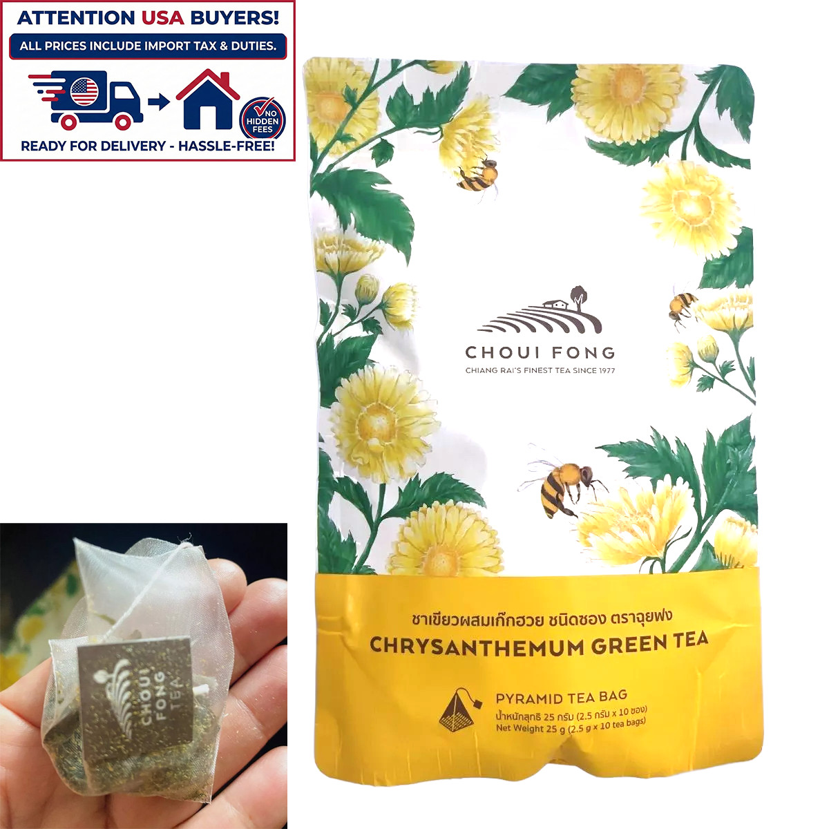 Choui Fong Chrysanthemum Green Tea – 10 Premium Pyramid Tea Bags, Floral & Calmi