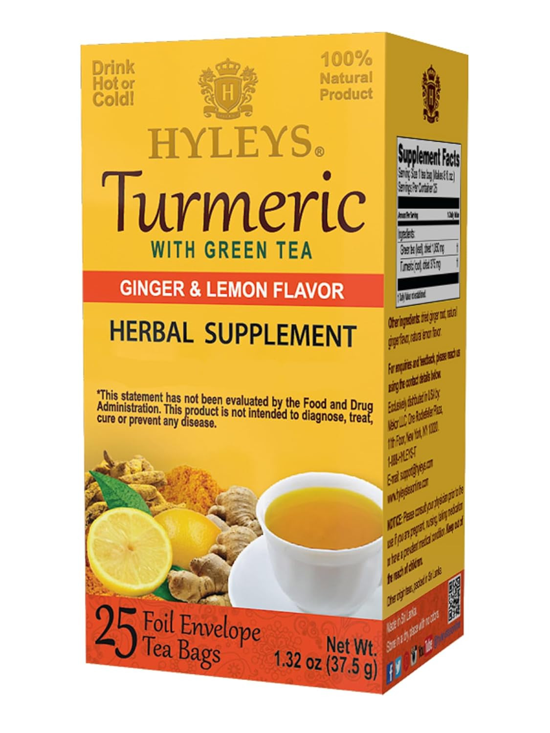 Turmeric with Green Tea Ginger & Lemon Flavor – Natural Antioxidant Blend – 25 T