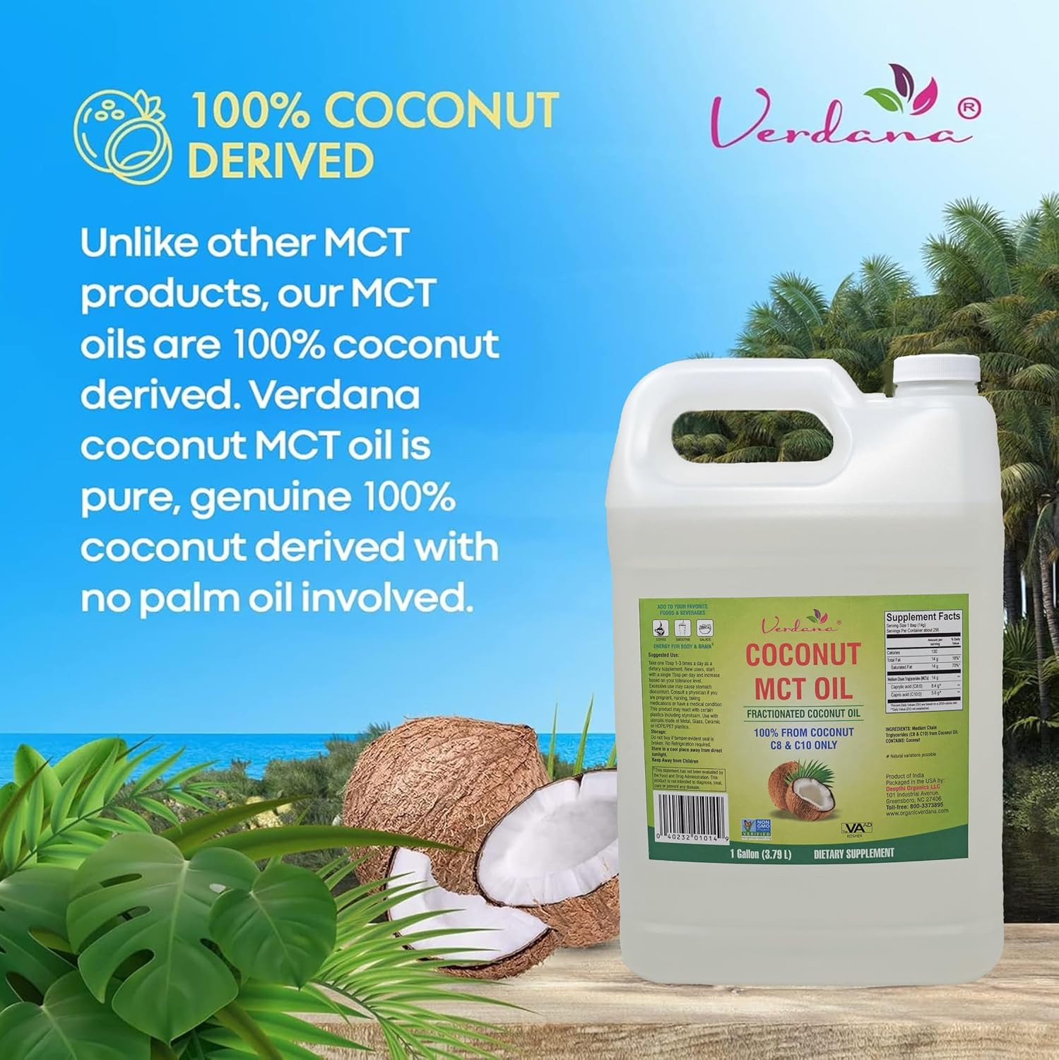 Verdana MCT Oil, Fractionated, 100% from Coconut – 1 Gallon – Kosher Food…