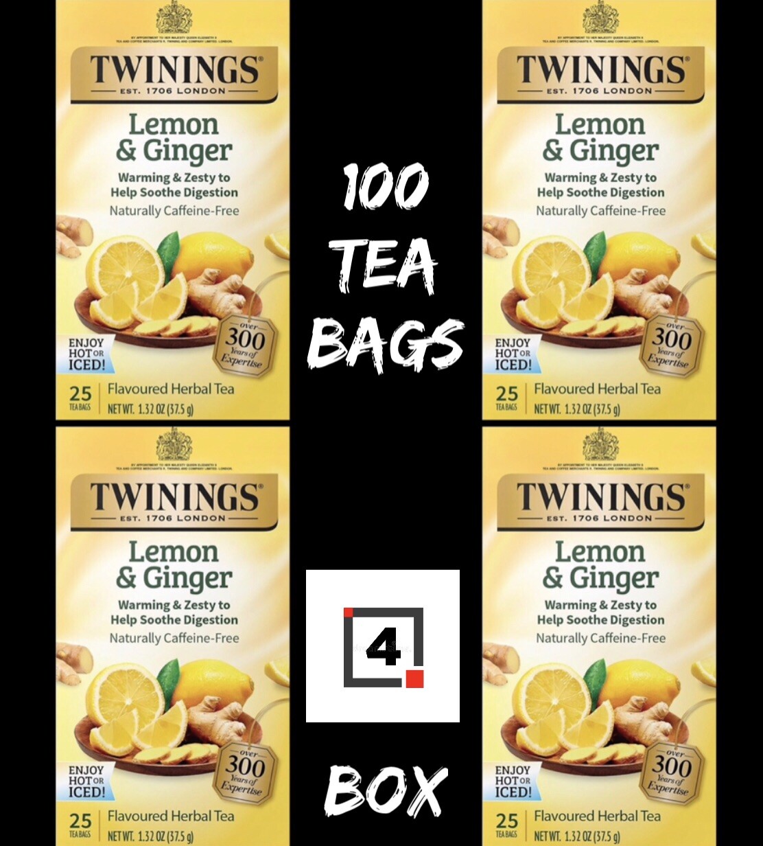 4 Box Twinings Lemon & Ginger Herbal Tea 100 Bags Flavoured Herbal HOT / ICED