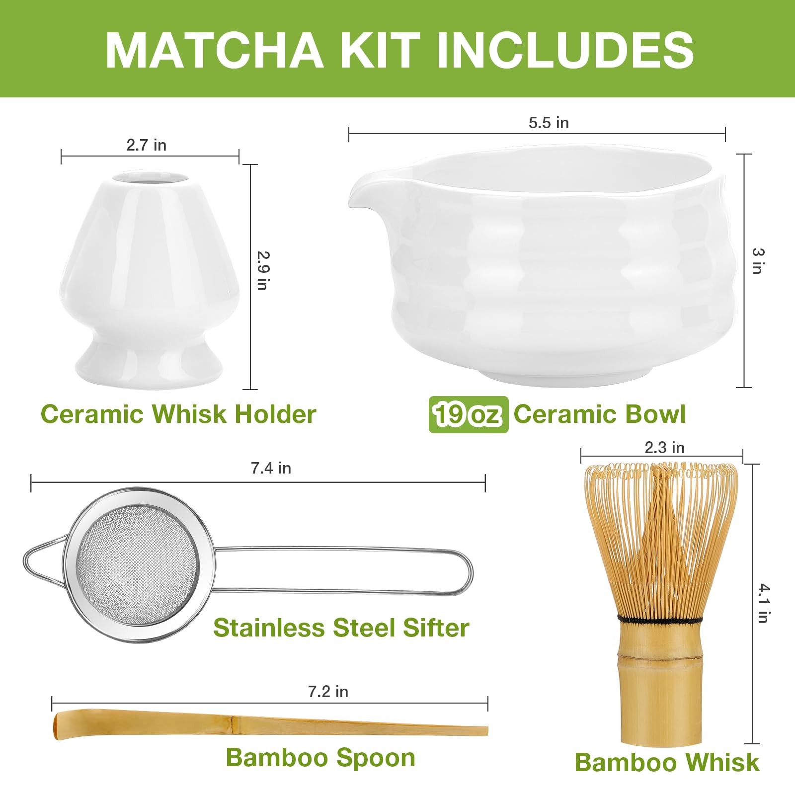 Matcha Whisk Set, Japanese Tea Set (5pcs) includes Matcha Bowl with Spout (19…