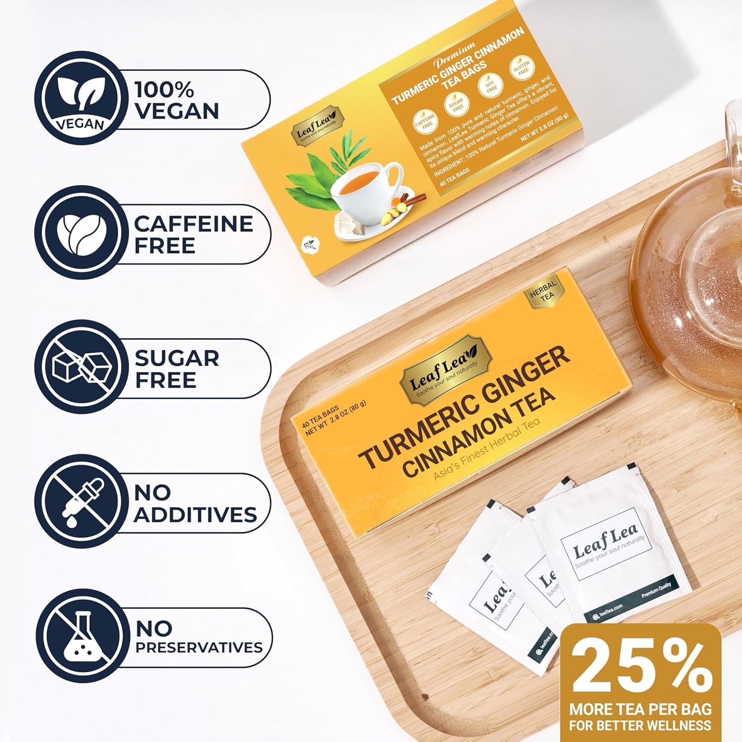 LeafLea 40 Turmeric Ginger Cinnamon Tea Bags, 100% Natural Ingredients Herbal Te