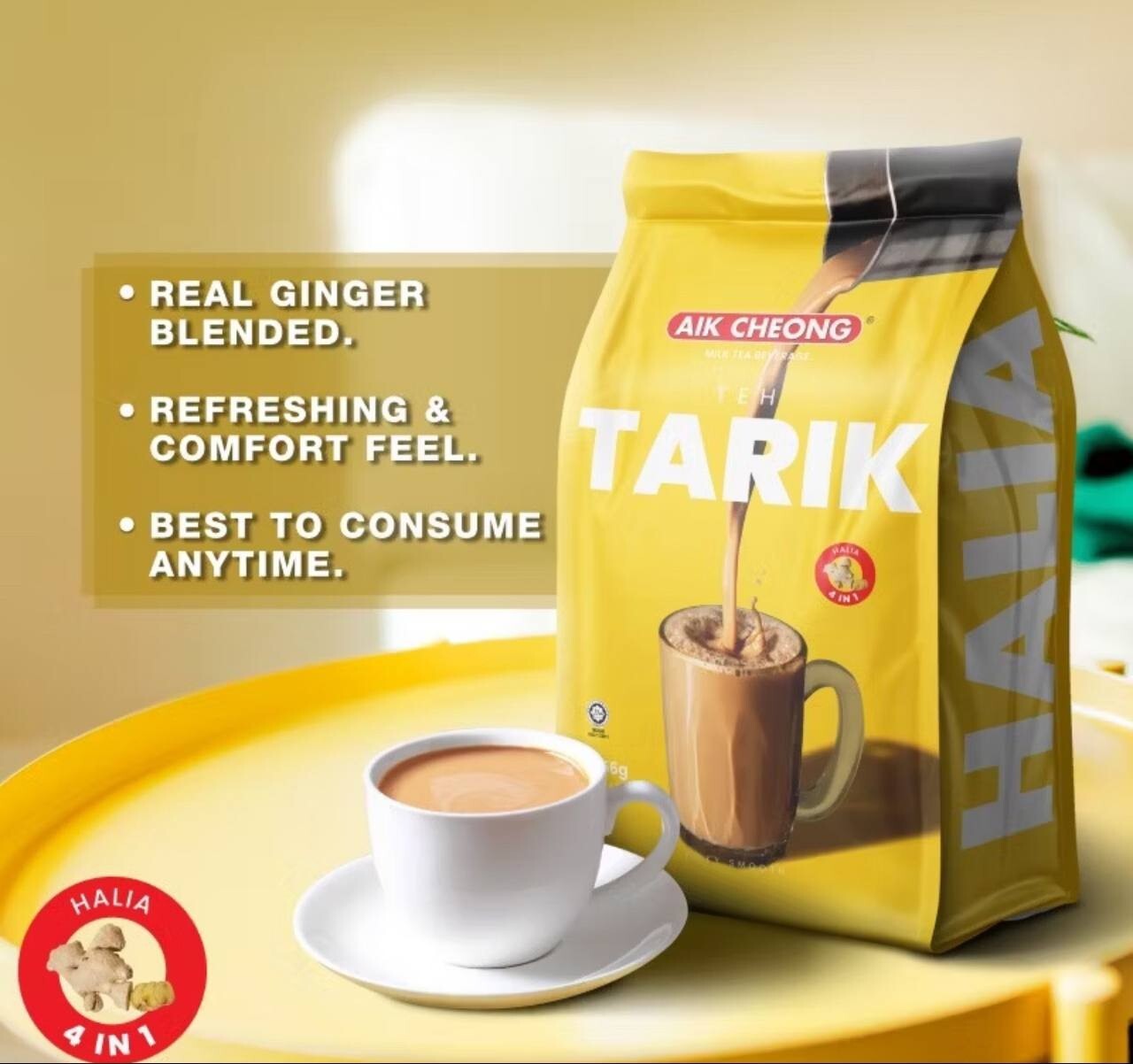 AIK CHEONG GINGER Milk Tea 4in1 Teh Tarik Halia [12 Sachet x 38g] x 4 Packs