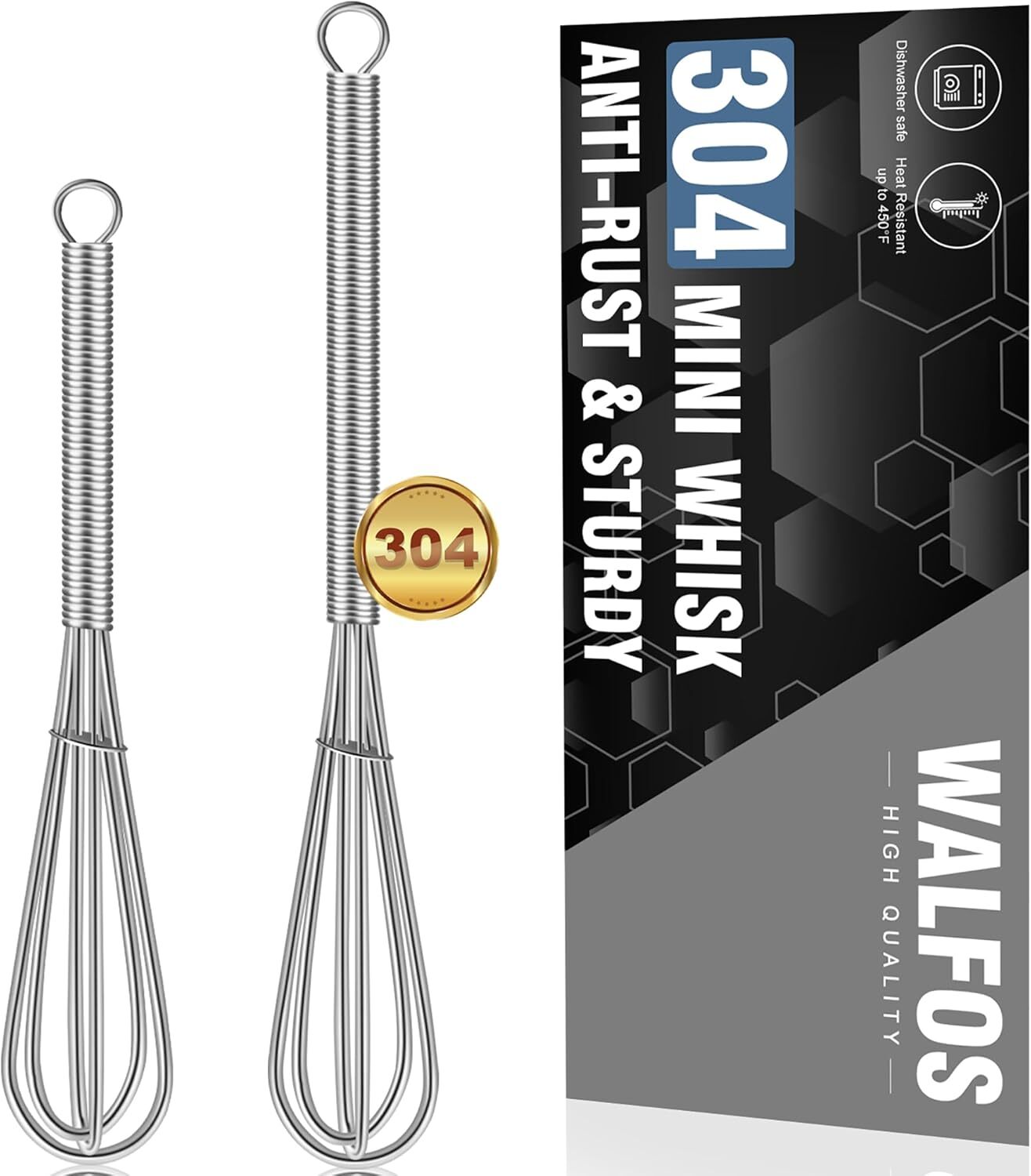 Walfos Mini Whisks Stainless Steel, Small 2pcs Mini;Stainless Steel;5″+7″