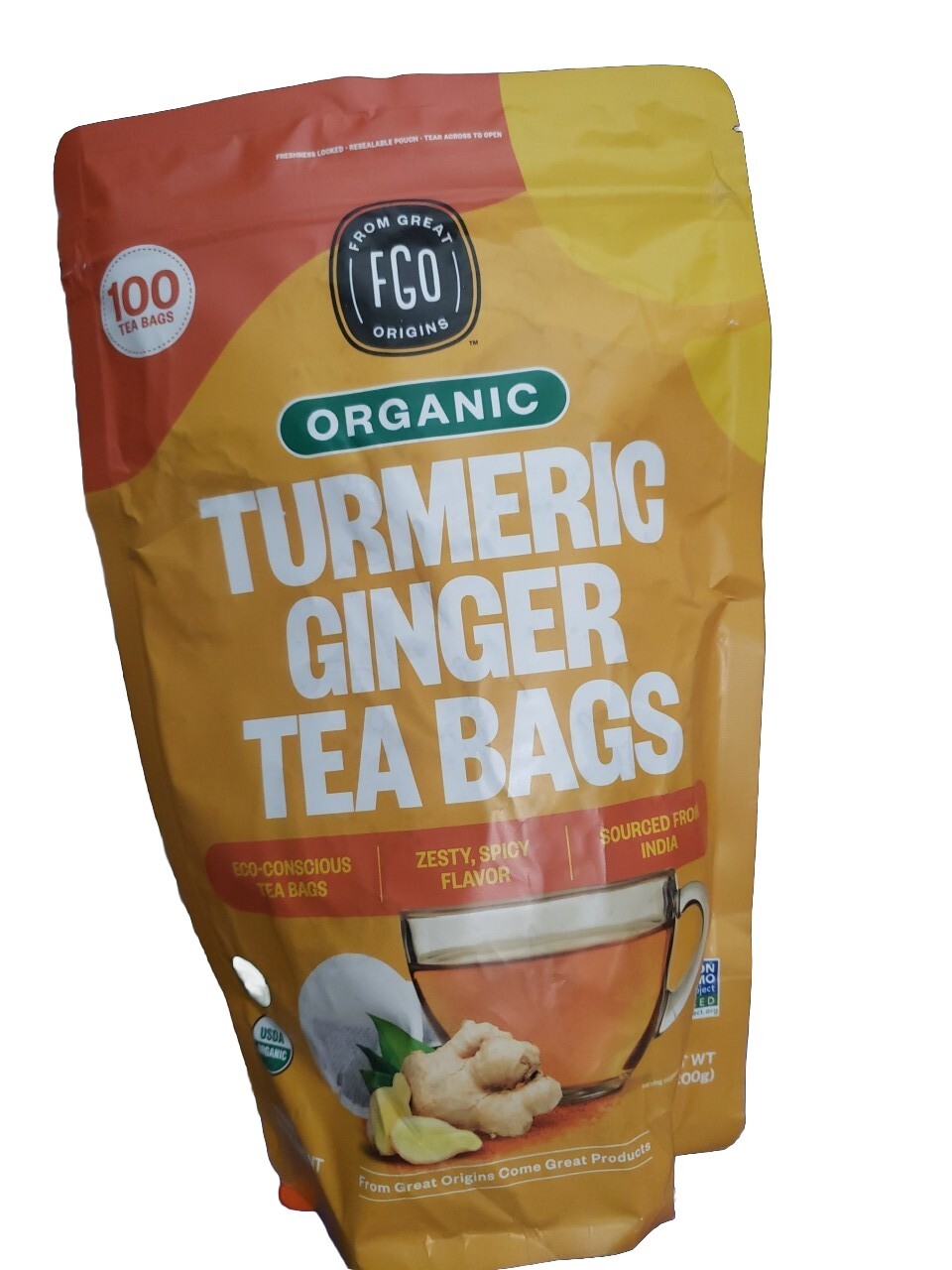 FGO Organic Turmeric Ginger Tea, Eco-Conscious Tea Bags, 100 Count, Packaging…