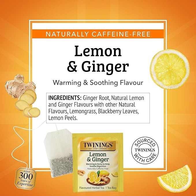 Twinings Lemon & Ginger Herbal Tea Individually Wrapped Caffeine Free 100 Bags