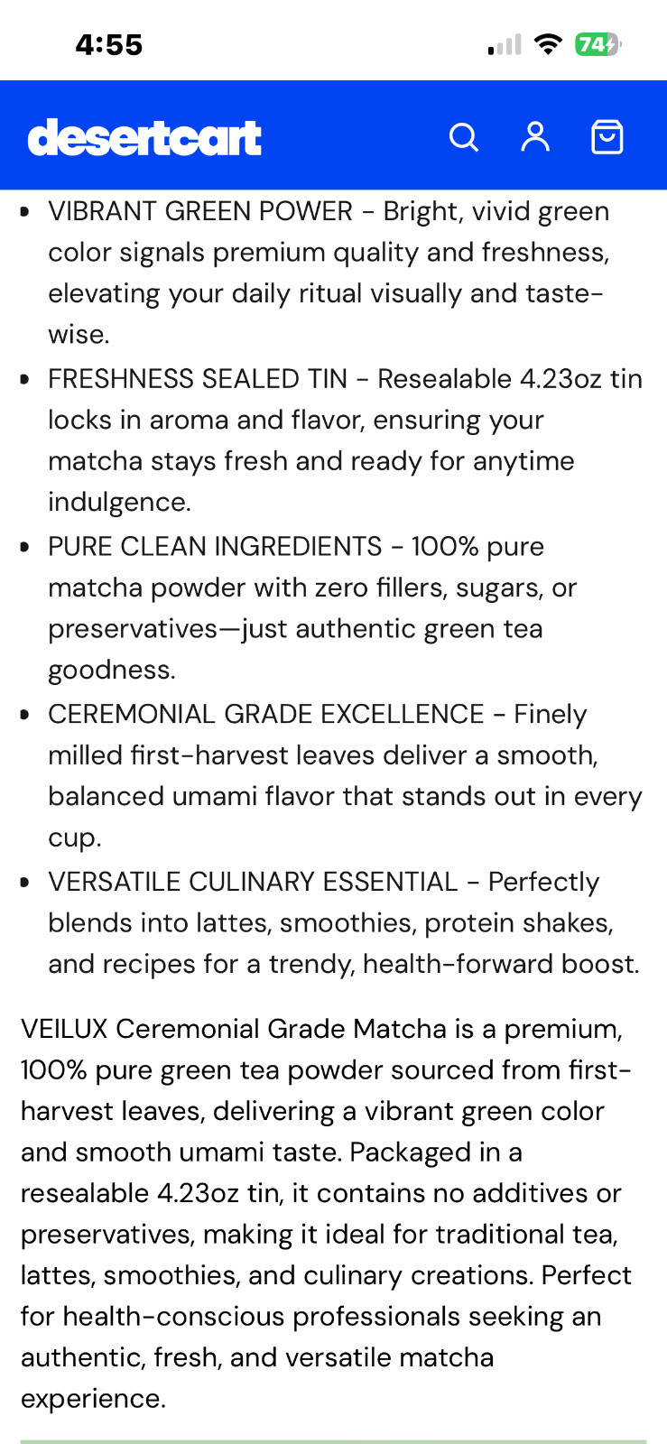 Veilux Premium Ceremonial Grade Matcha 100% Pure Unsweetened Green Tea Powder