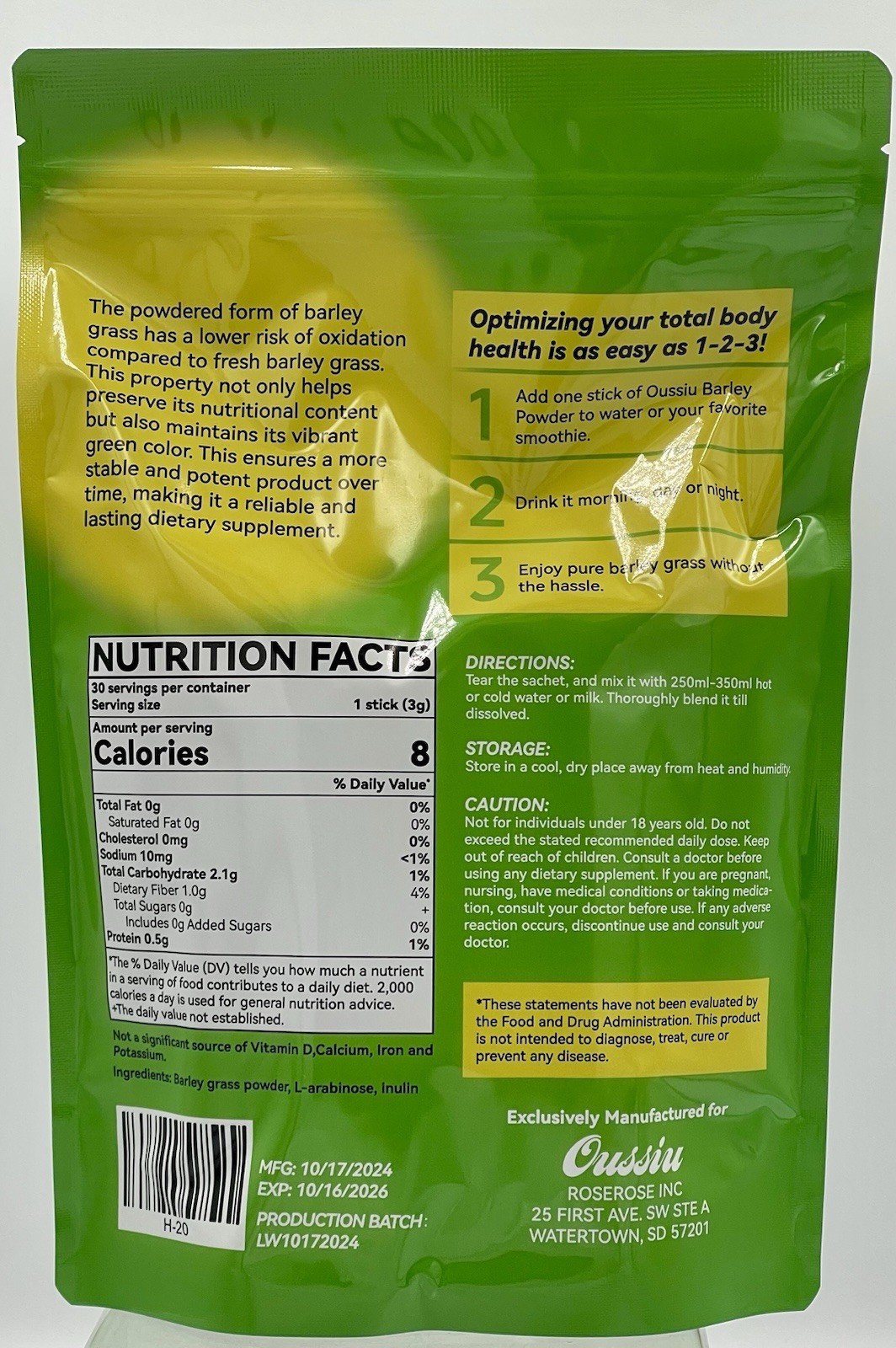 Lot of 2 OUSSIU Barley Grass Powder 30x3g Sticks Prebiotic Fiber Vegan EXP 10/26