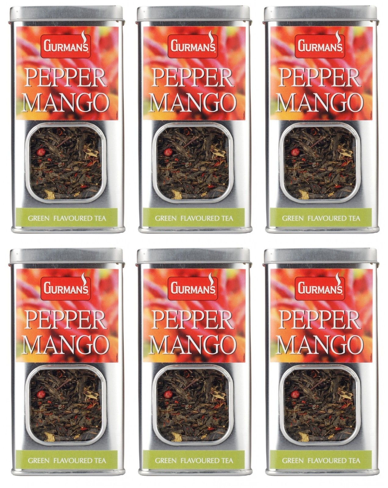 6 GURMANS PEPPER MANGO Flavor Loose Green Tea Tins 70g 2.5oz