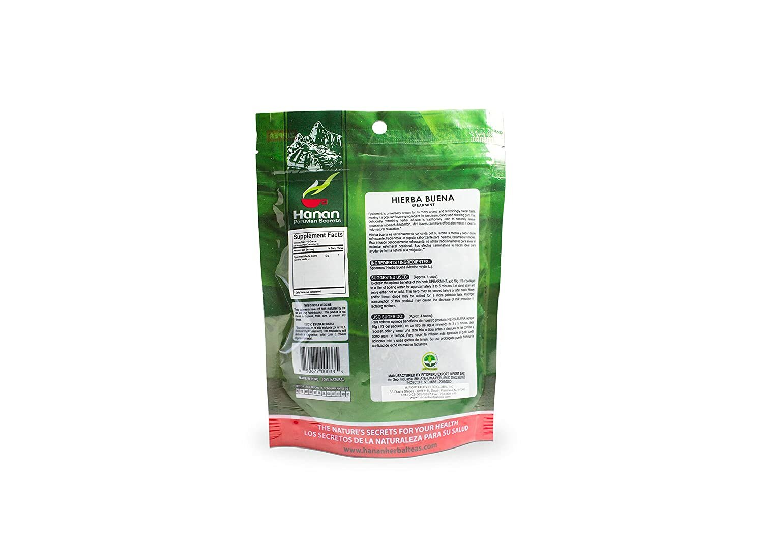 Hanan Peruvian Secrets Hierba Buena|100% Natural Spearmint|1.06oz / 30g|Naturall