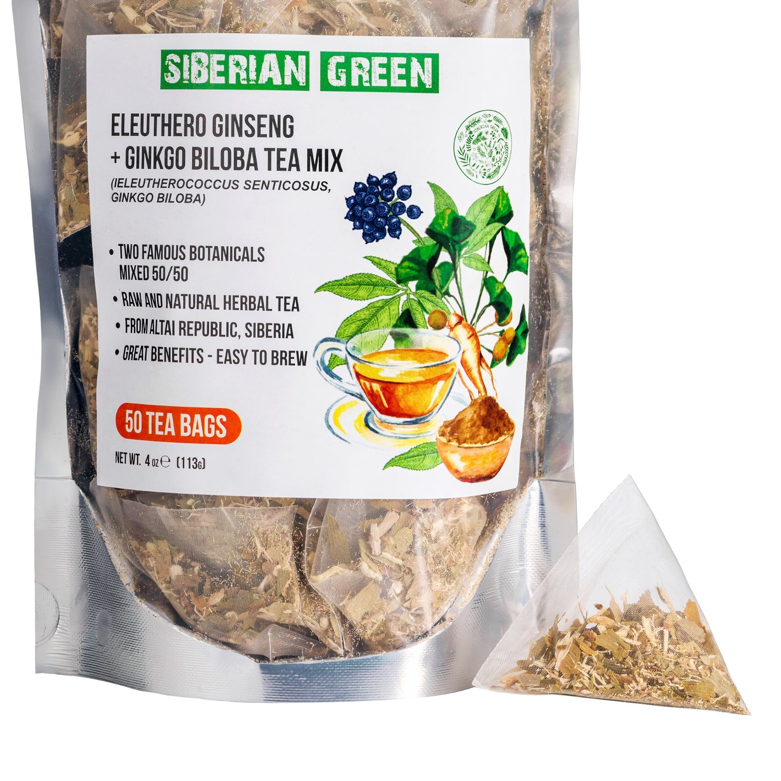 Siberian Green Ginkgo Biloba Tea with Eleuthero Root – 50 Tea Bags