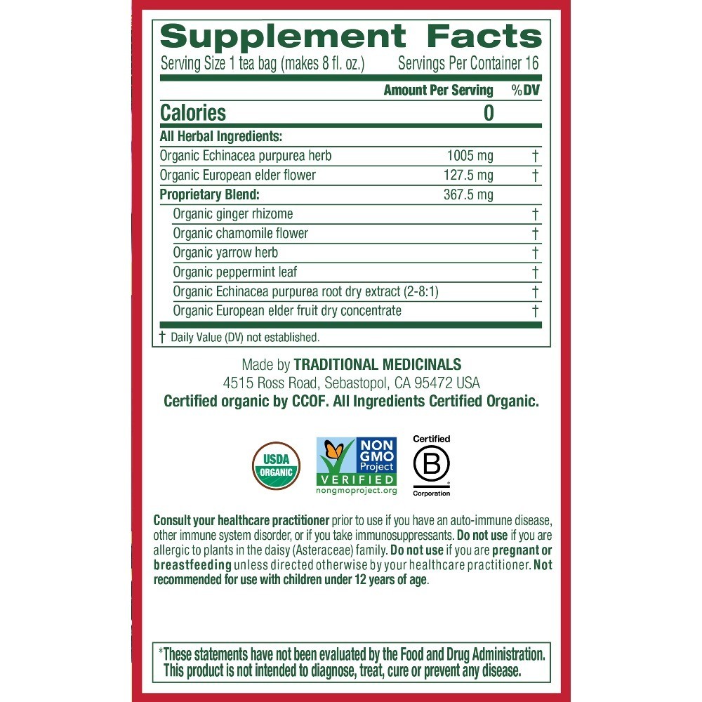 Organic Echinacea Plus Elderberry Tea Bags Herbal Supplement 4 Pack 16 Count