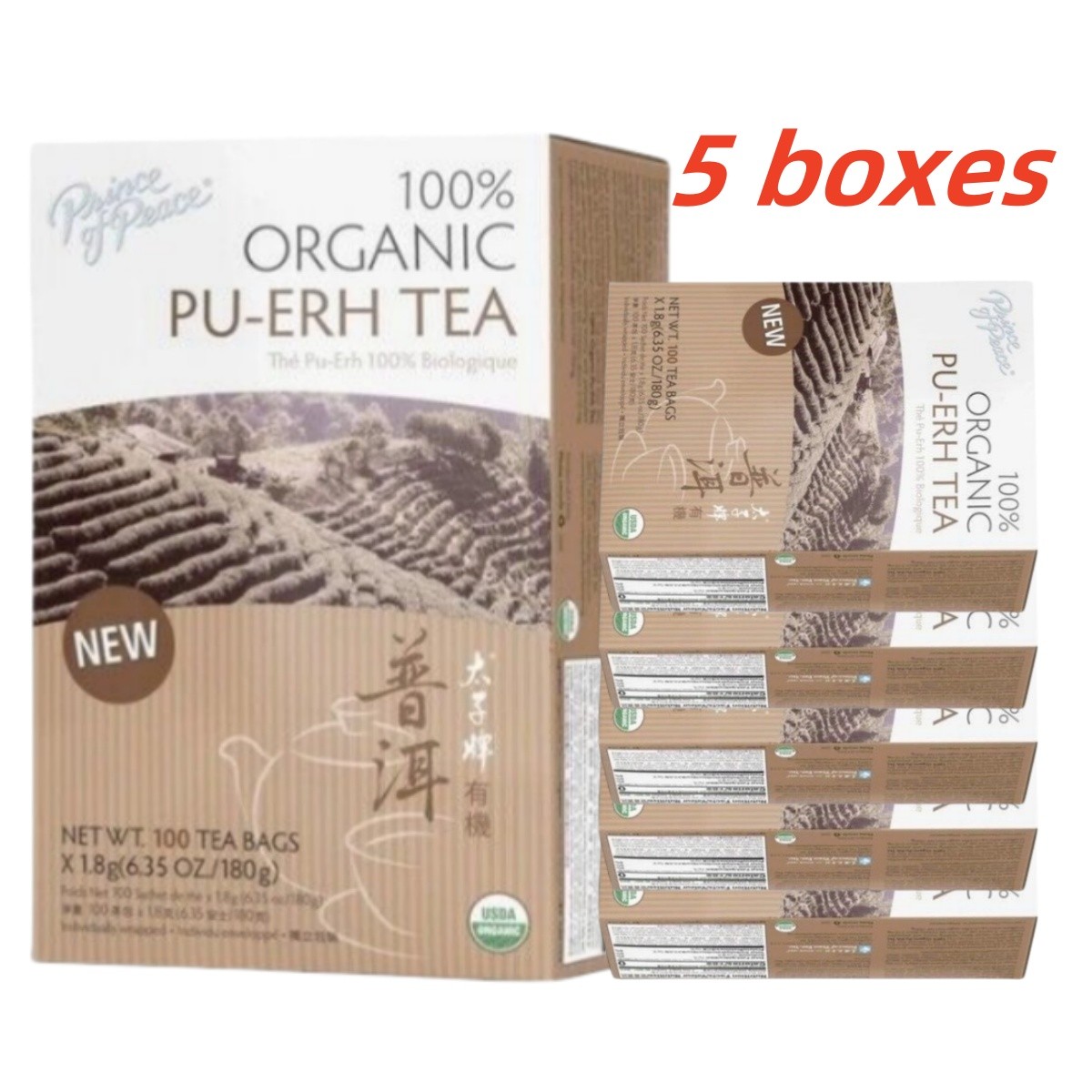 100% Organic Pu-erh Tea- 5 Boxes- 100 Tea Bags Each Box -Prince of Peace