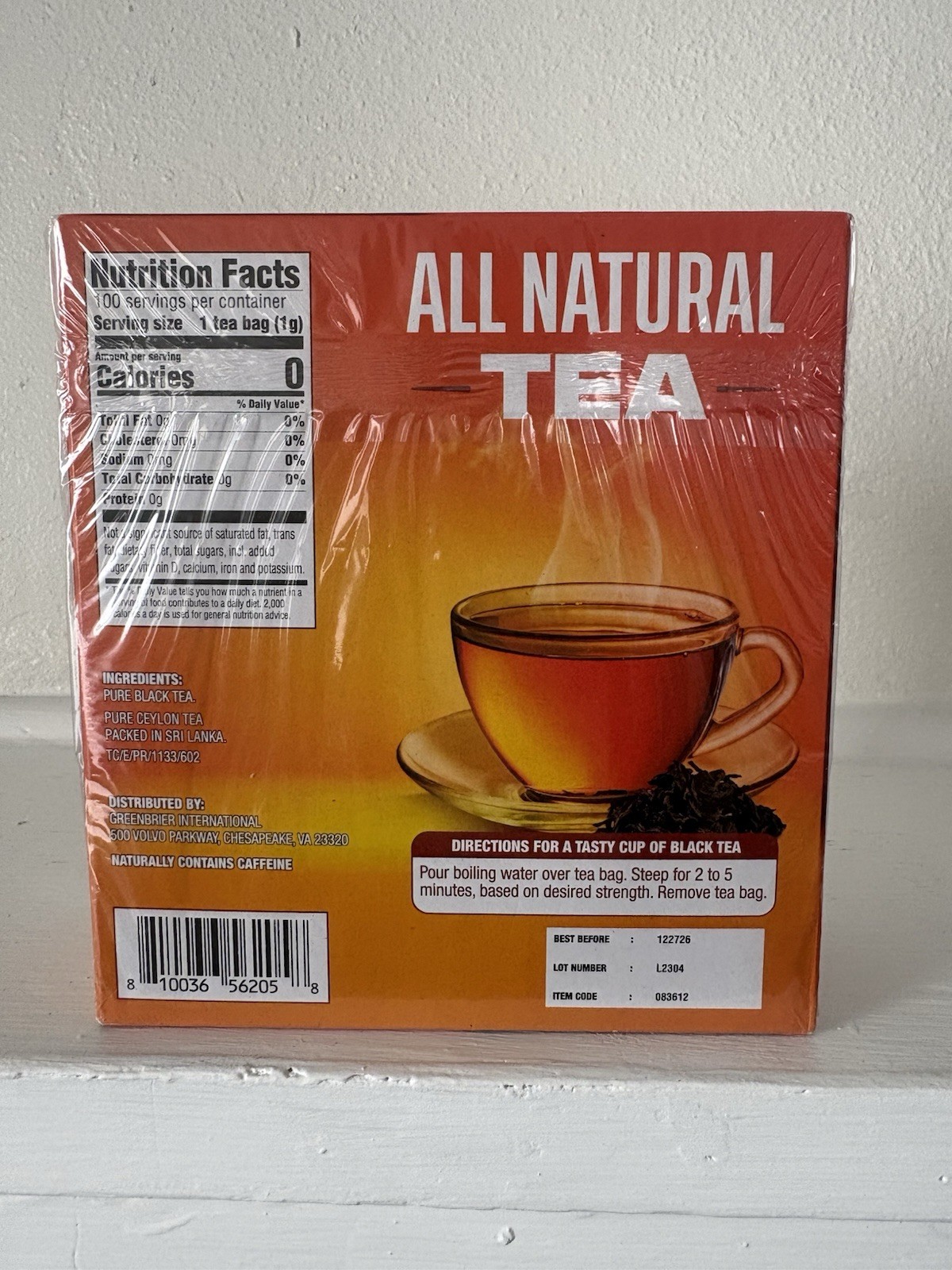 All Natural Tea – Pure Black Tea – Sri Lanka – 100 Tea Bags – Best By 12/27/2026