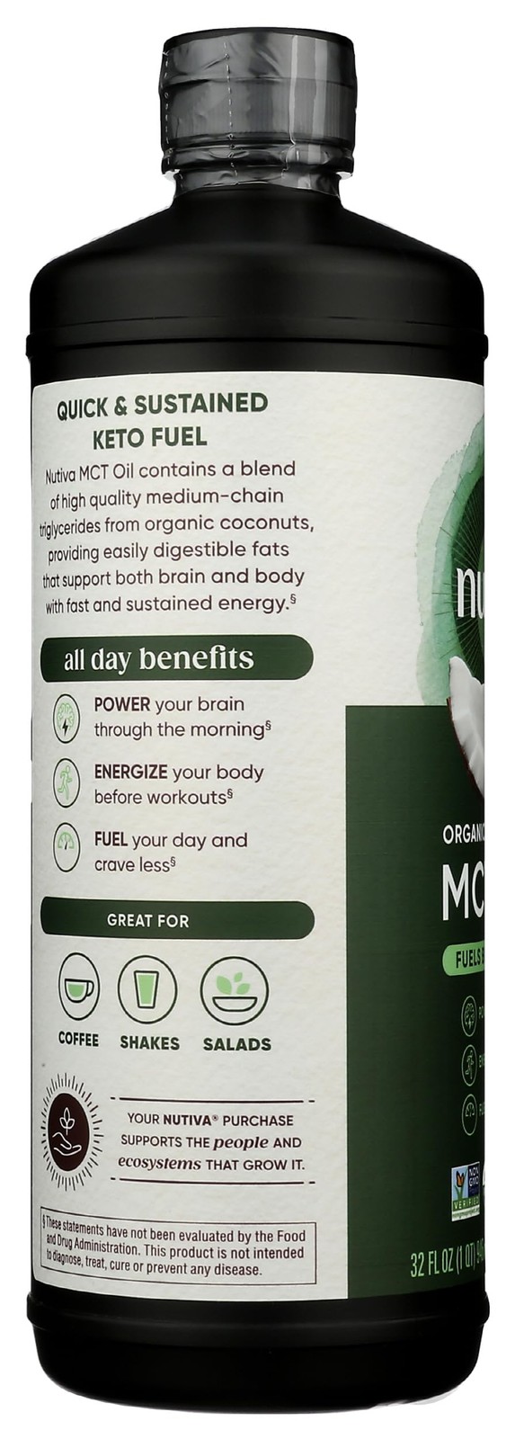 Nutiva Organic MCT Oil, Unflavored, 32 Oz, 32 Fl Oz (Pack of 1), Colorless