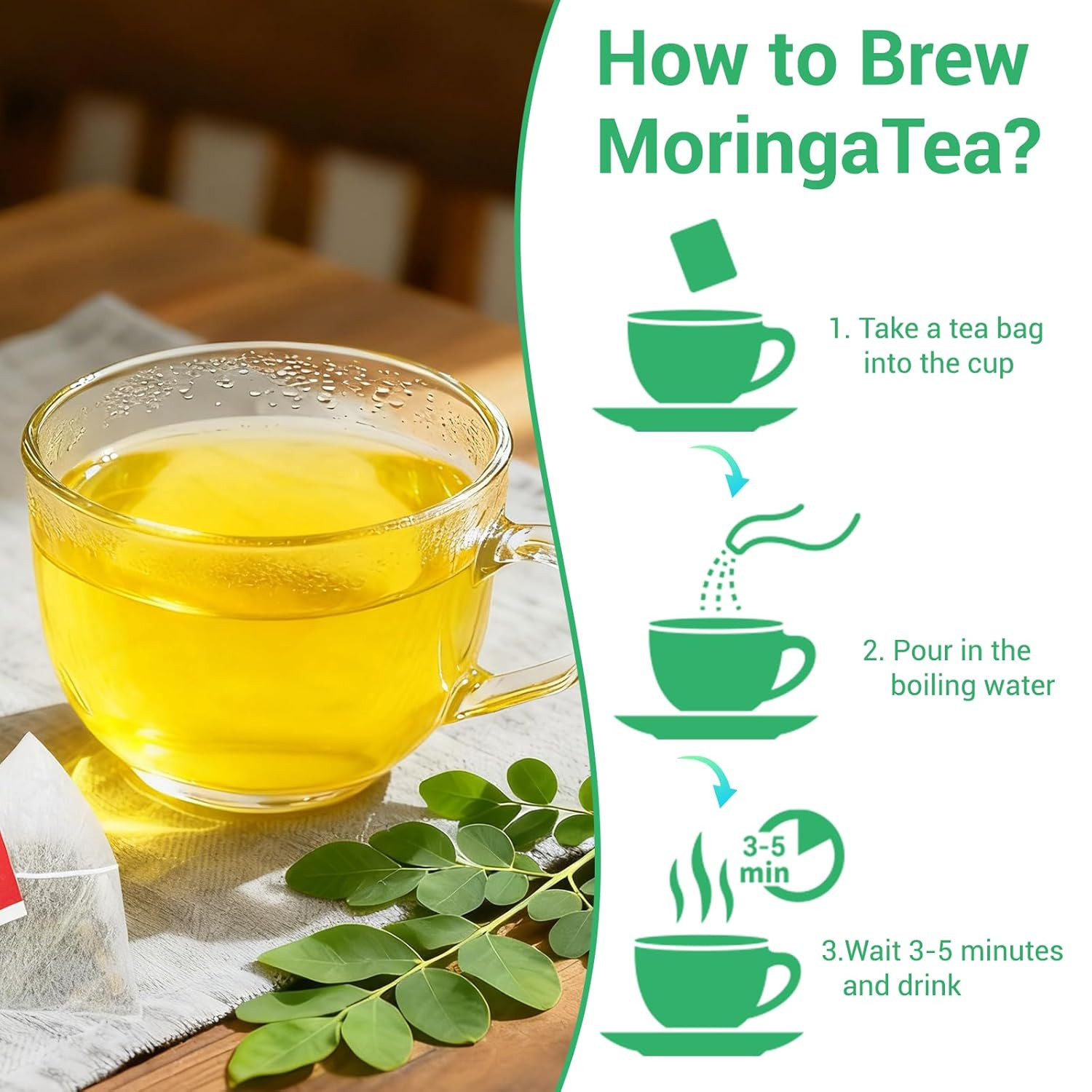 Moringa Tea, 100% Pure & Natural Moringa Leaves Herbal Tea Bags, Supporting Dige