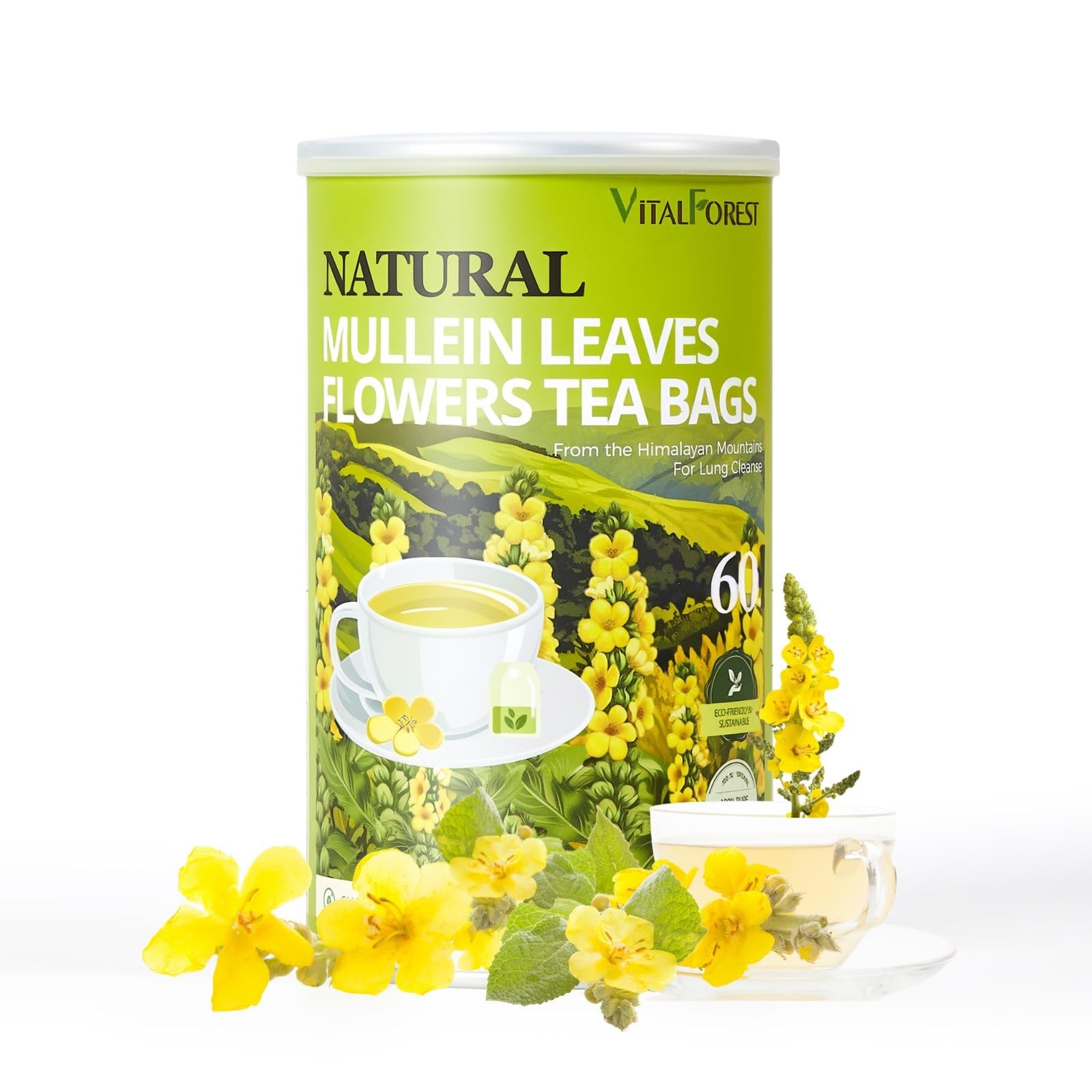 60 Mullein Leaf Tea Bags for Lungs, VitalForest 100% Pure Mullins…