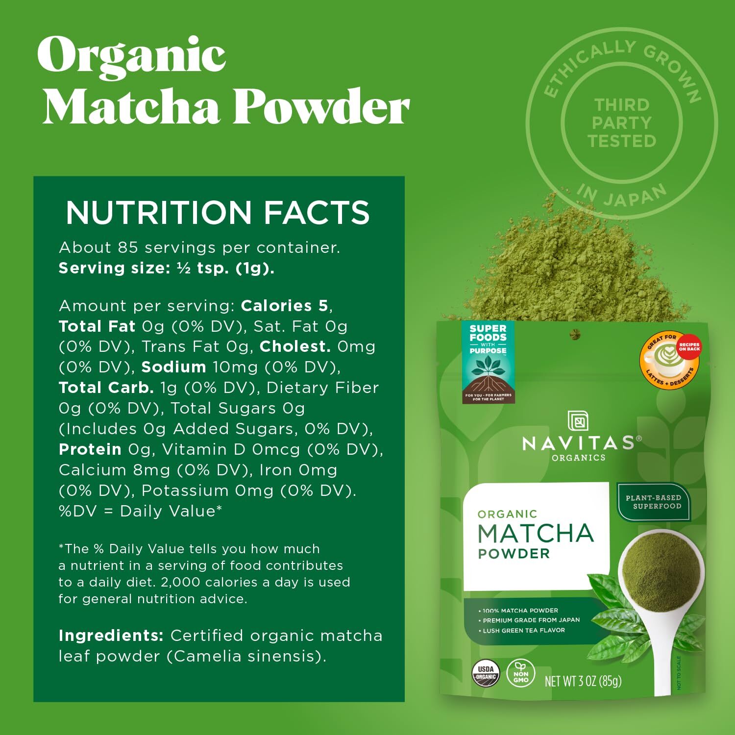 Navitas Organics Premium Culinary Matcha Powder 3 Ounce Organic Green Tea