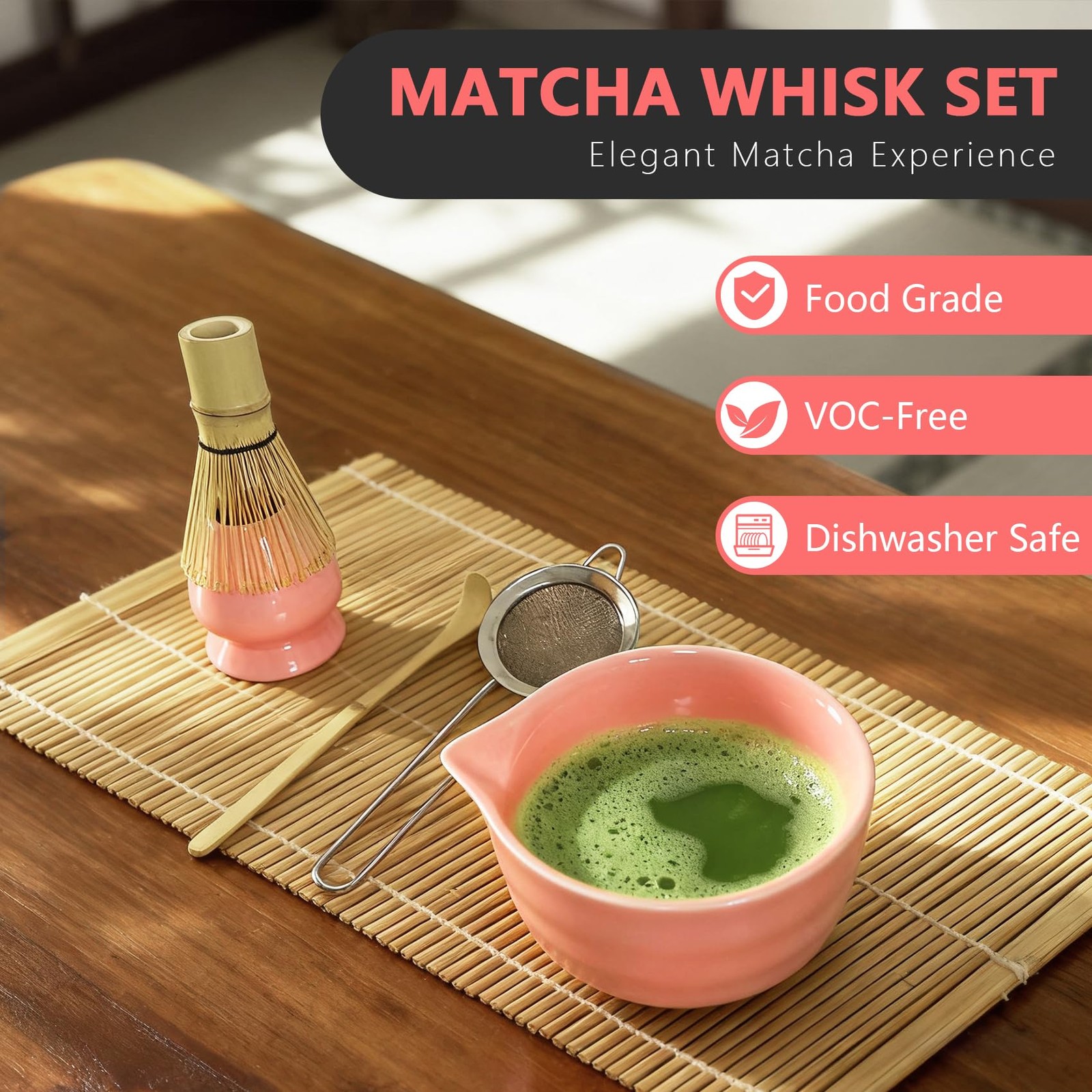 Matcha Whisk Set Cute 18 oz Matcha Bowl Kit 5 pcs Great for Tea Lover Pink