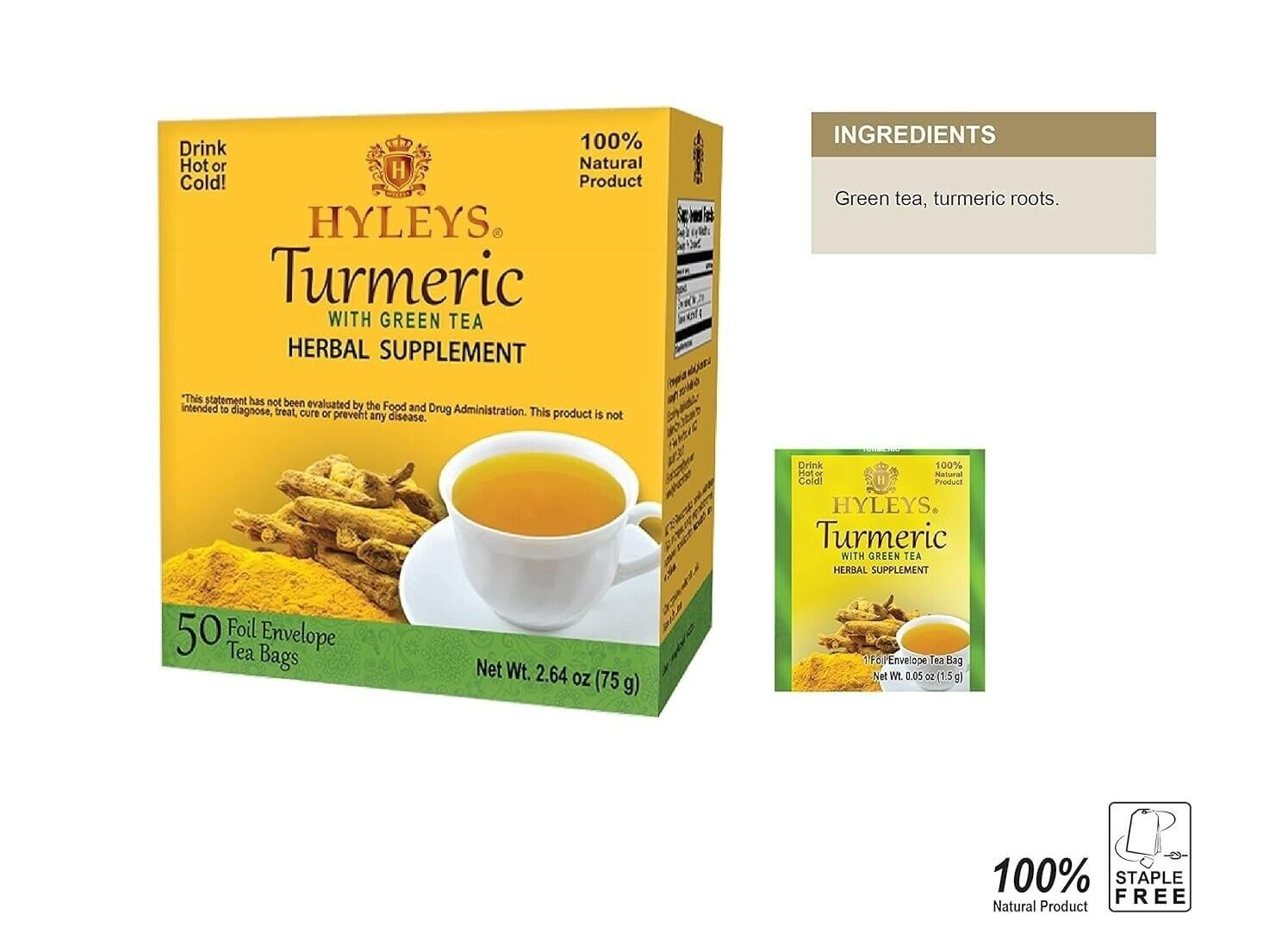 Tea Original Green Tea with Turmeric Herbal Supplement, 50 ct