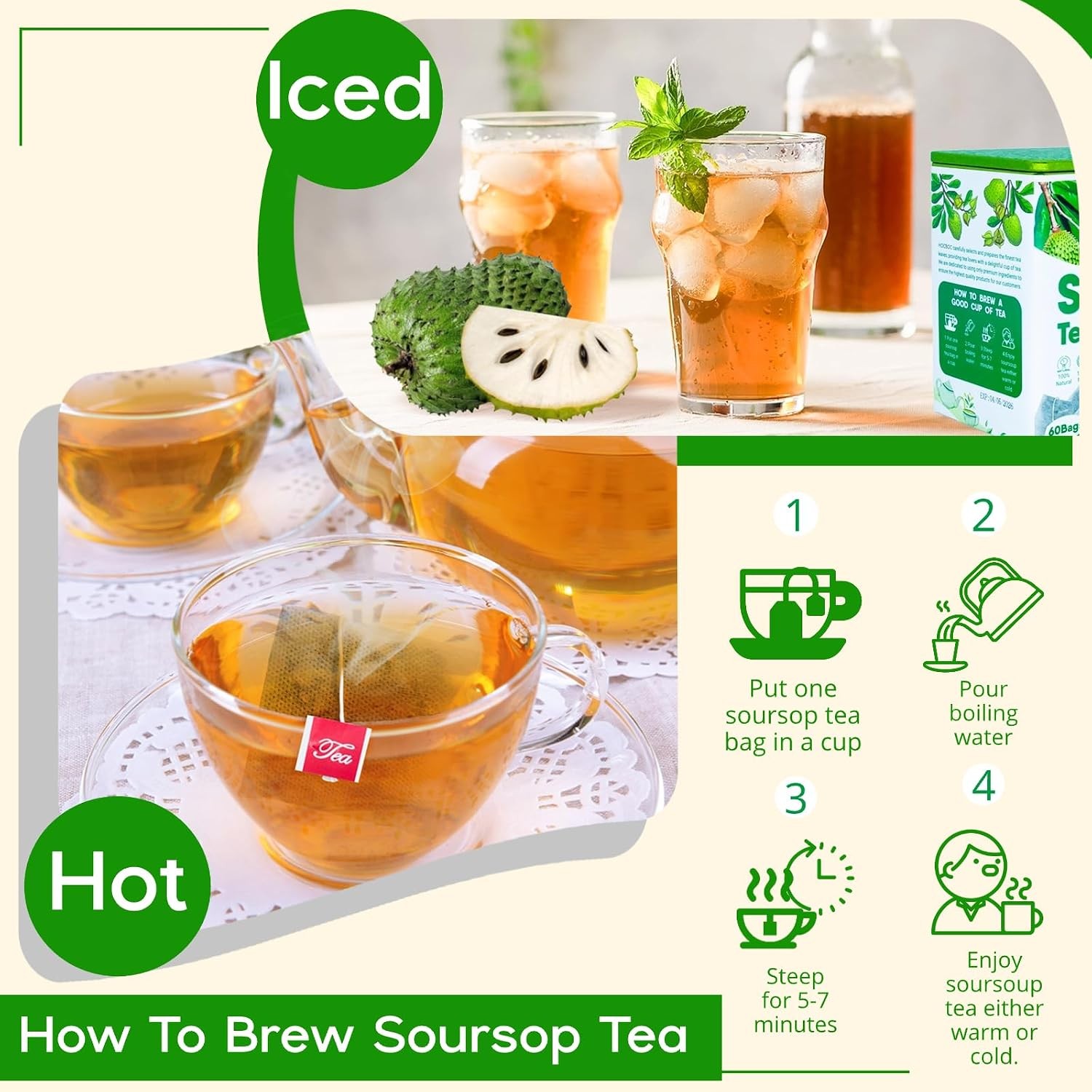 60 Pure Soursop Leaves Tea Bags, Real Natural Soursop Graviola Leaves Teabag,