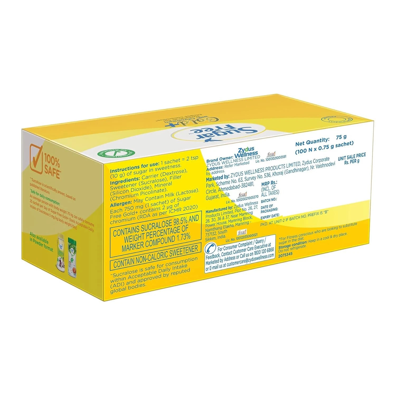 Sugar Free Gold Sweetener 100 Sachets Pack of 2 Low Calorie Free Shipping