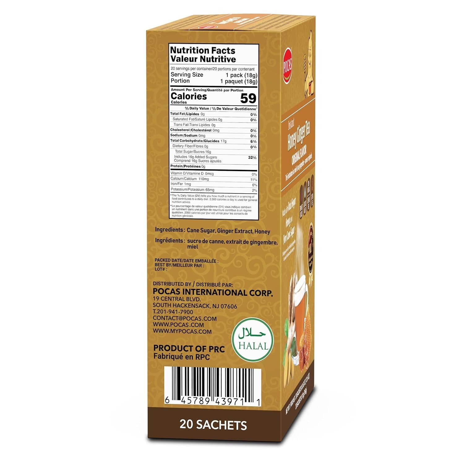 Pocas Honey Ginger Tea Instant Powder Non GMO Gluten Caffeine Free 20 Ct 2 Boxes
