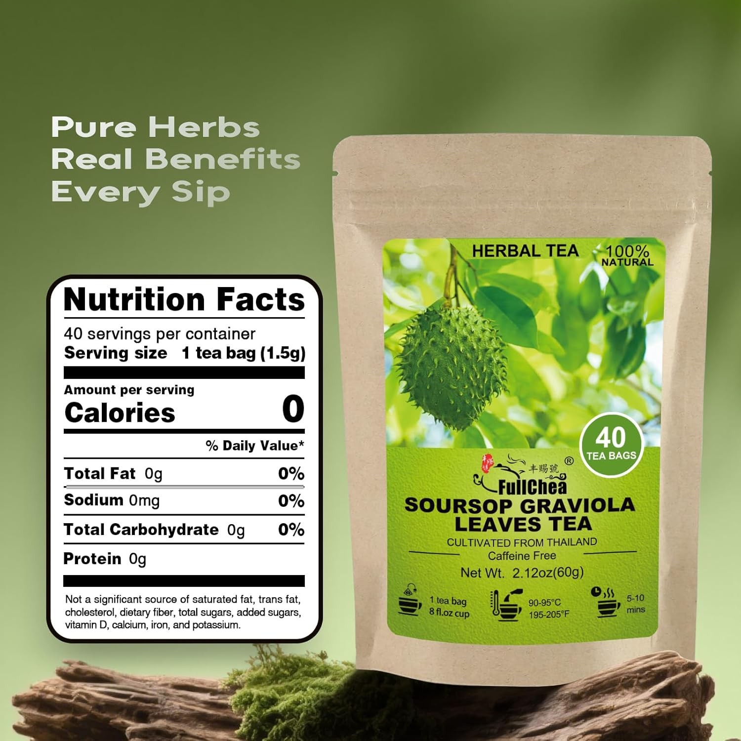 FullChea – Soursop Leaves Tea Bags, 40 Teabags – Premium Soursop Graviola Leaves