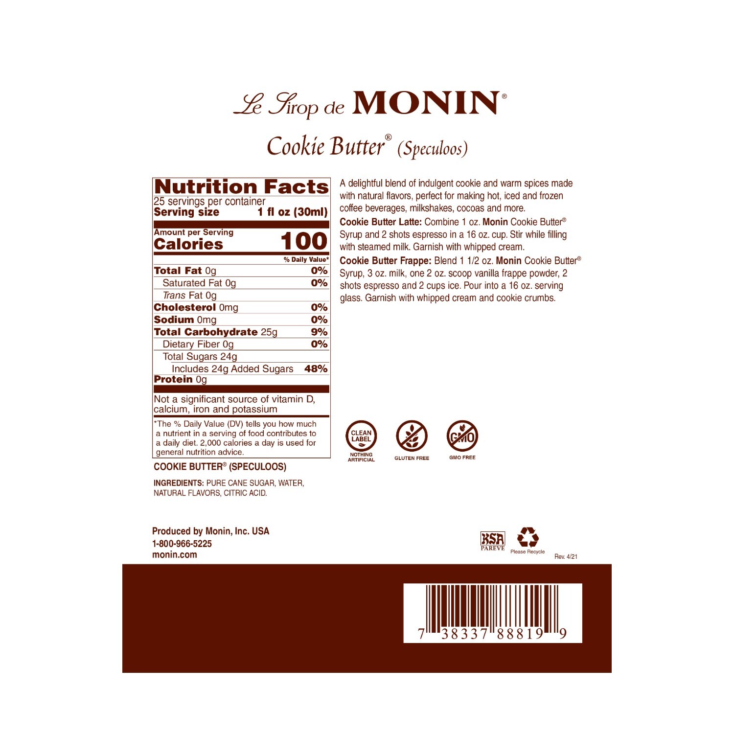 Monin Cookie Butter Syrup – Bottle (750mL), H-Cookie Butter