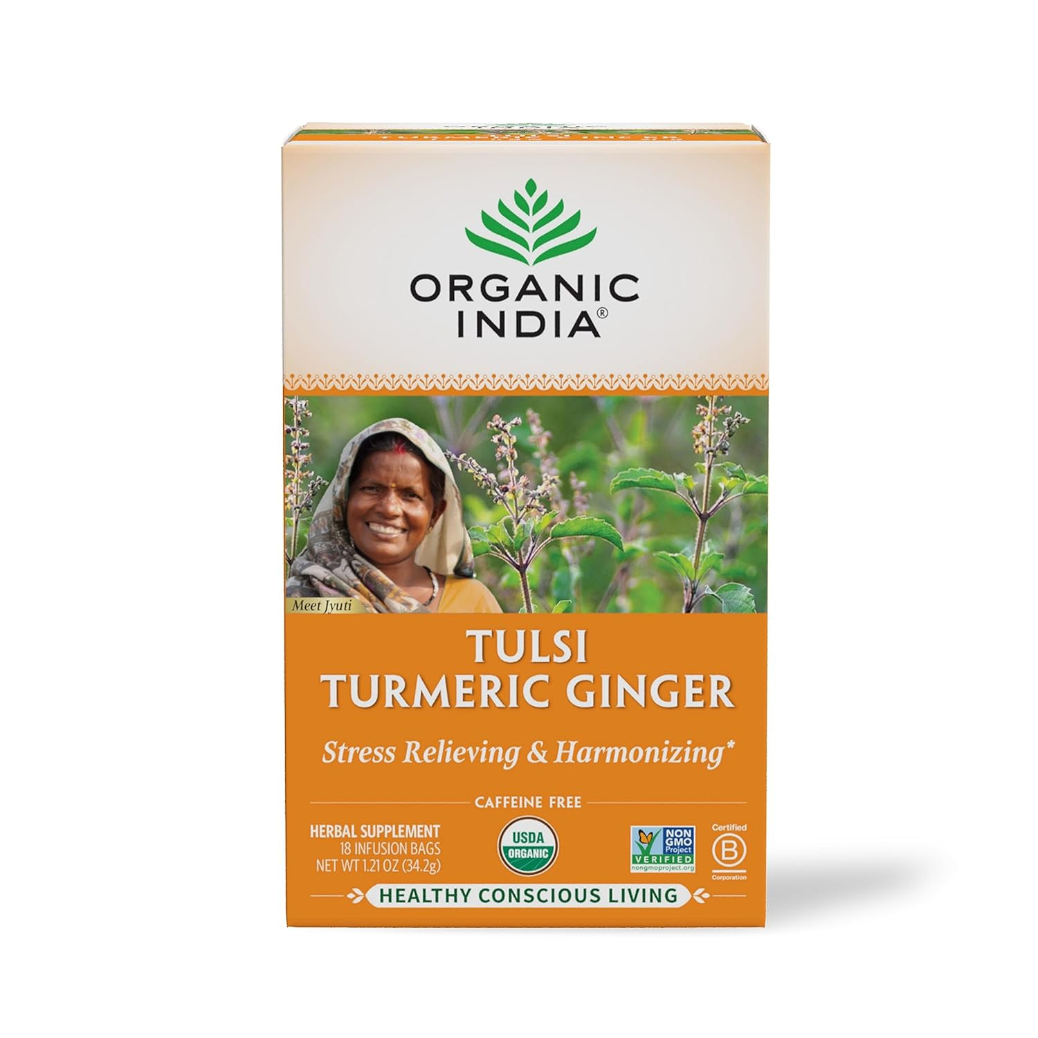 Organic India Tulsi Turmeric Ginger Herbal Tea – Stress Relieving & Harmonizing,