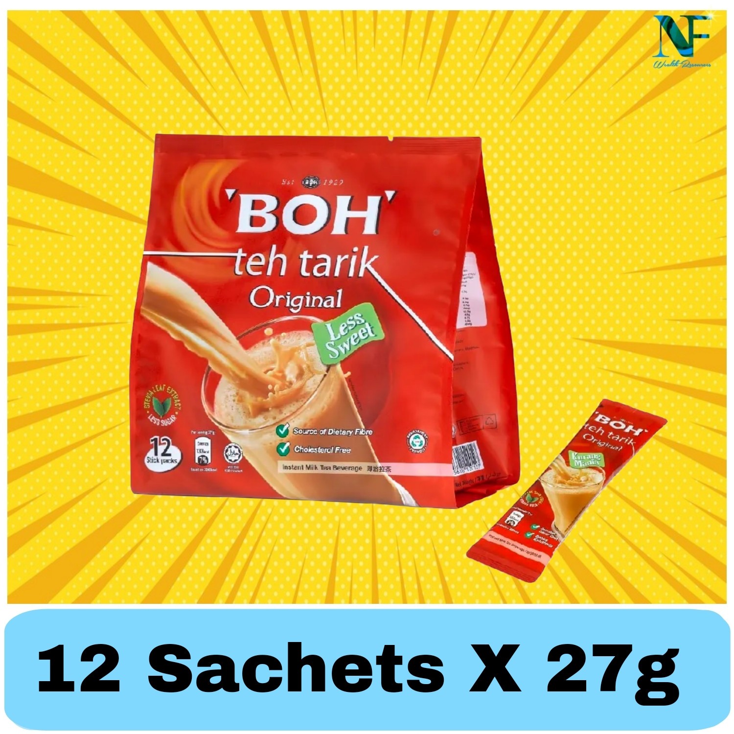 BOH Teh Tarik Original Pulled Tea Less Sugar Instant Tea Mix 12 Stick (27g)